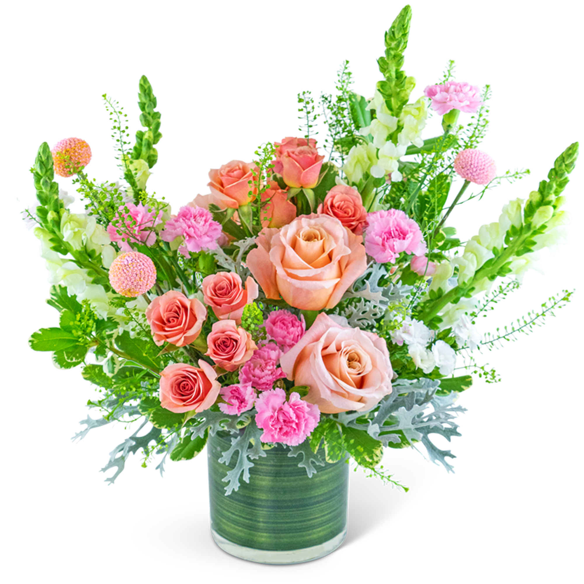 Peach and pink roses in a green glass vase