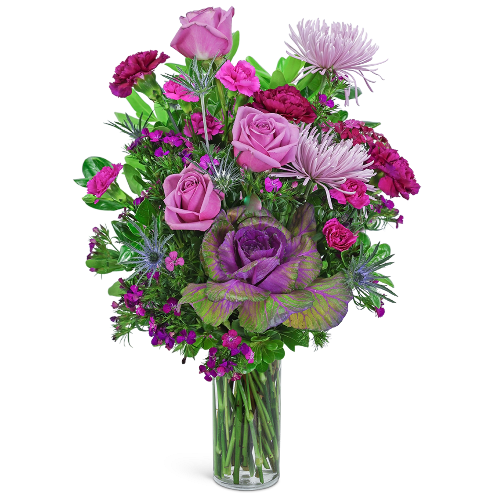 Pink and purple bouquet in a clear glass vase