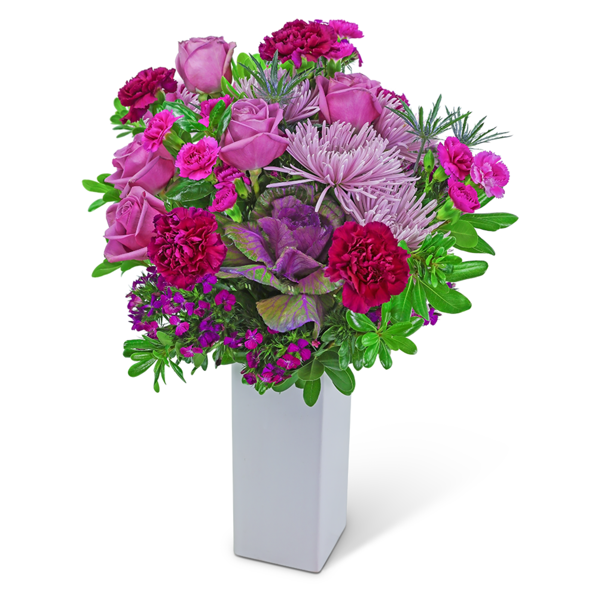 Pink roses and carnations in a white rectangular vase