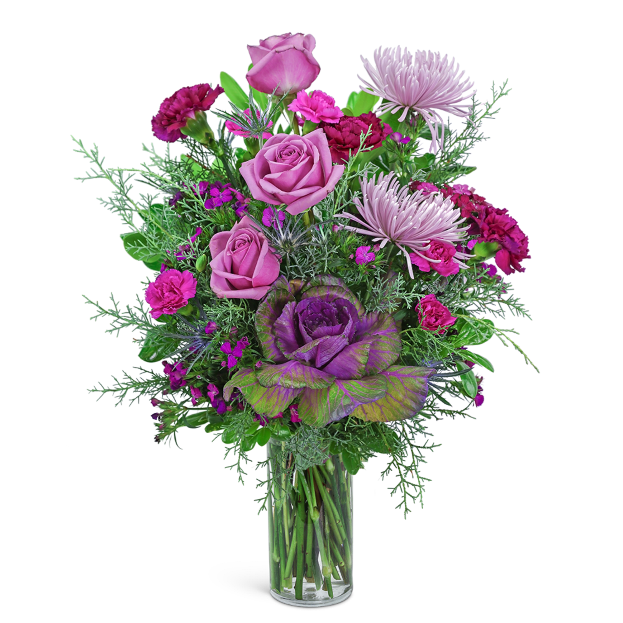 Pink and purple mixed bouquet in a clear glass vase