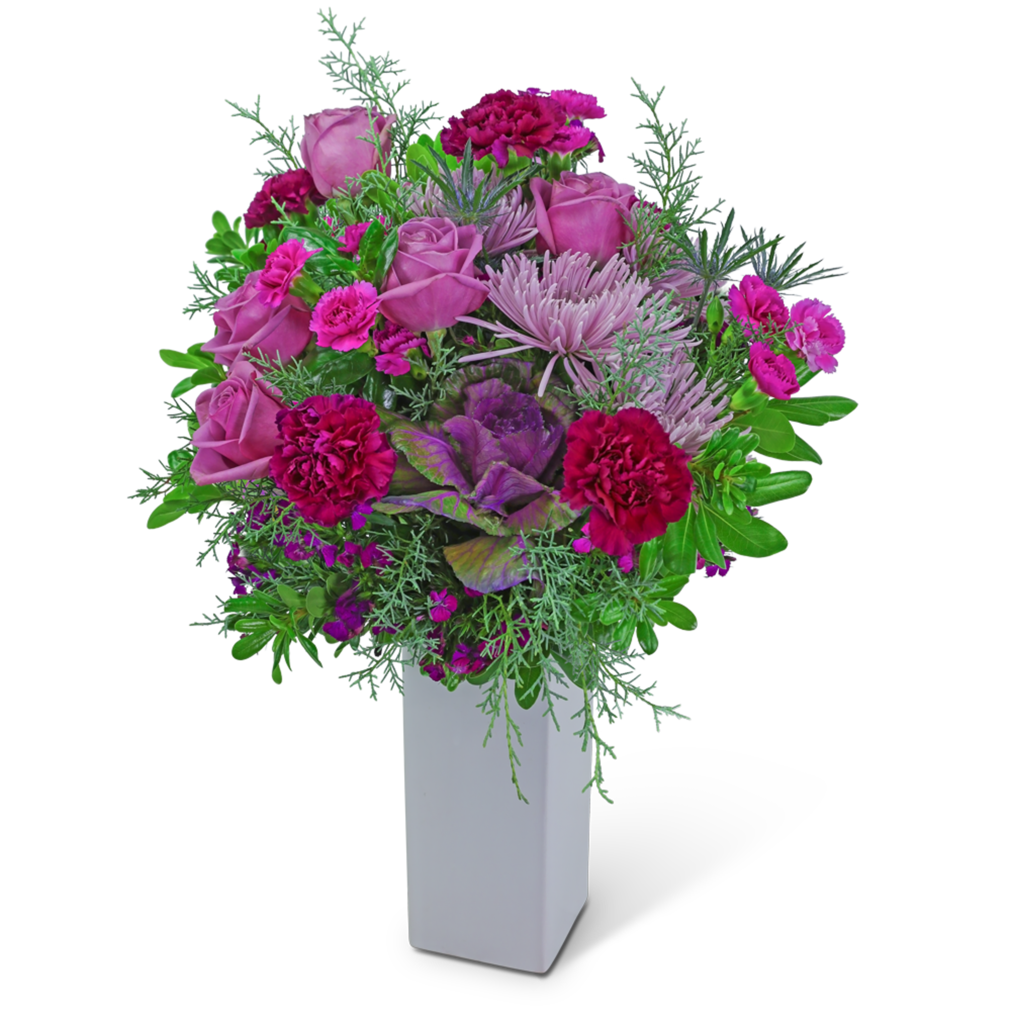 Pink roses and magenta carnations in a white vase
