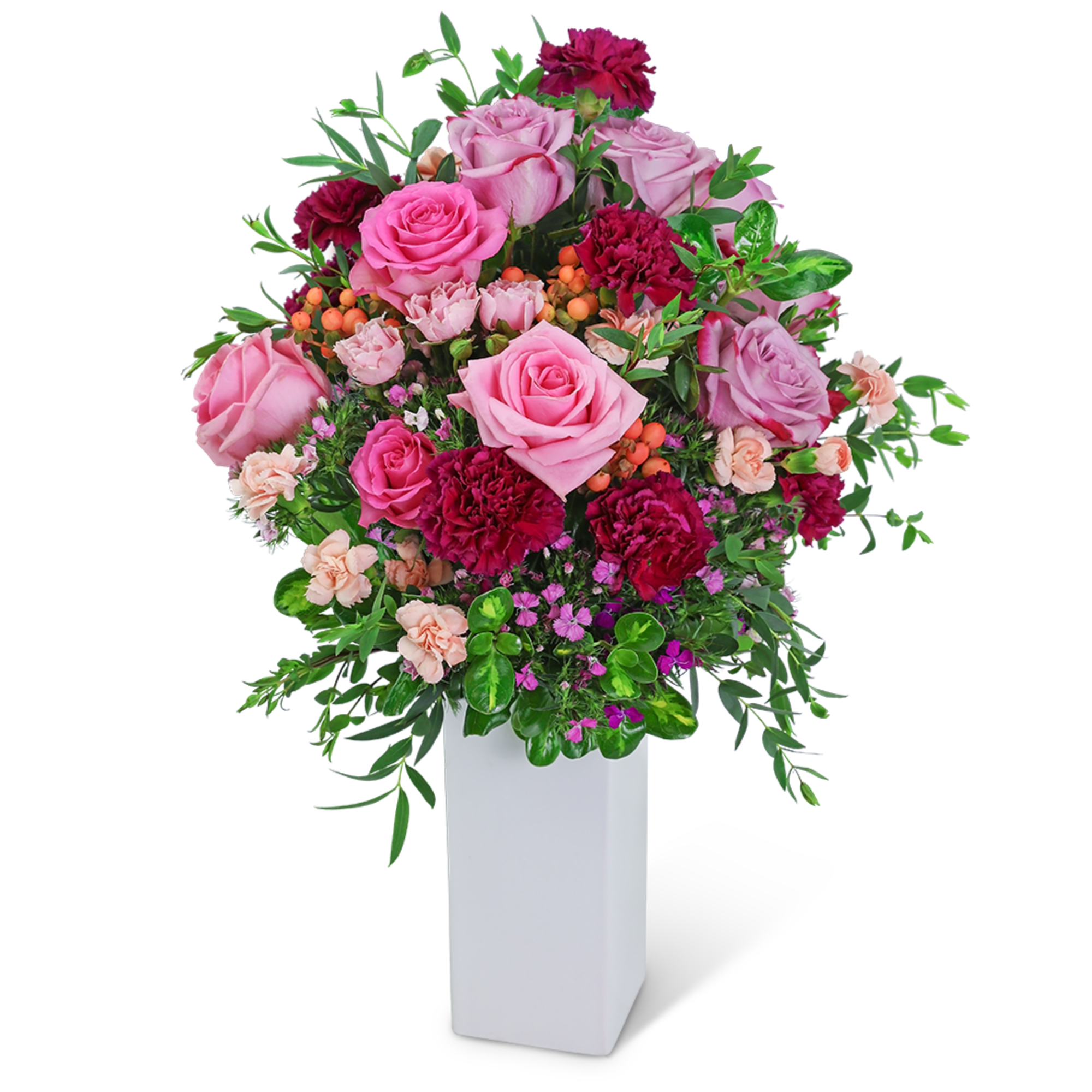 Pink and burgundy floral arrangement in a white vase