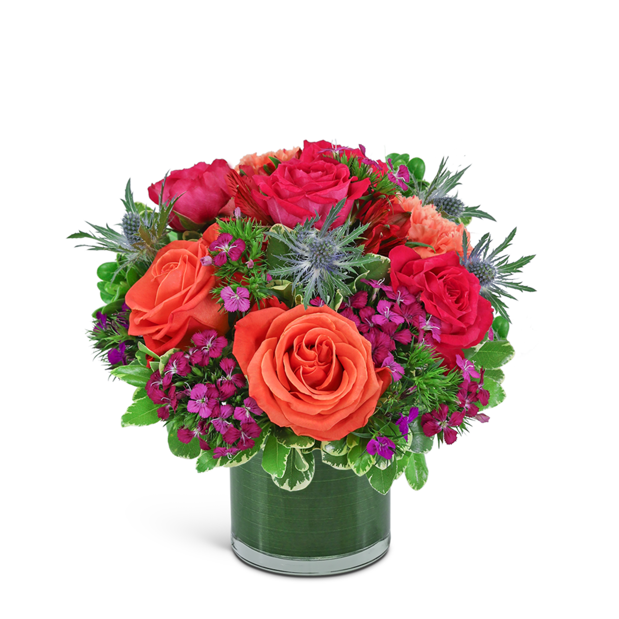 Bouquet of orange and pink roses in a glass vase