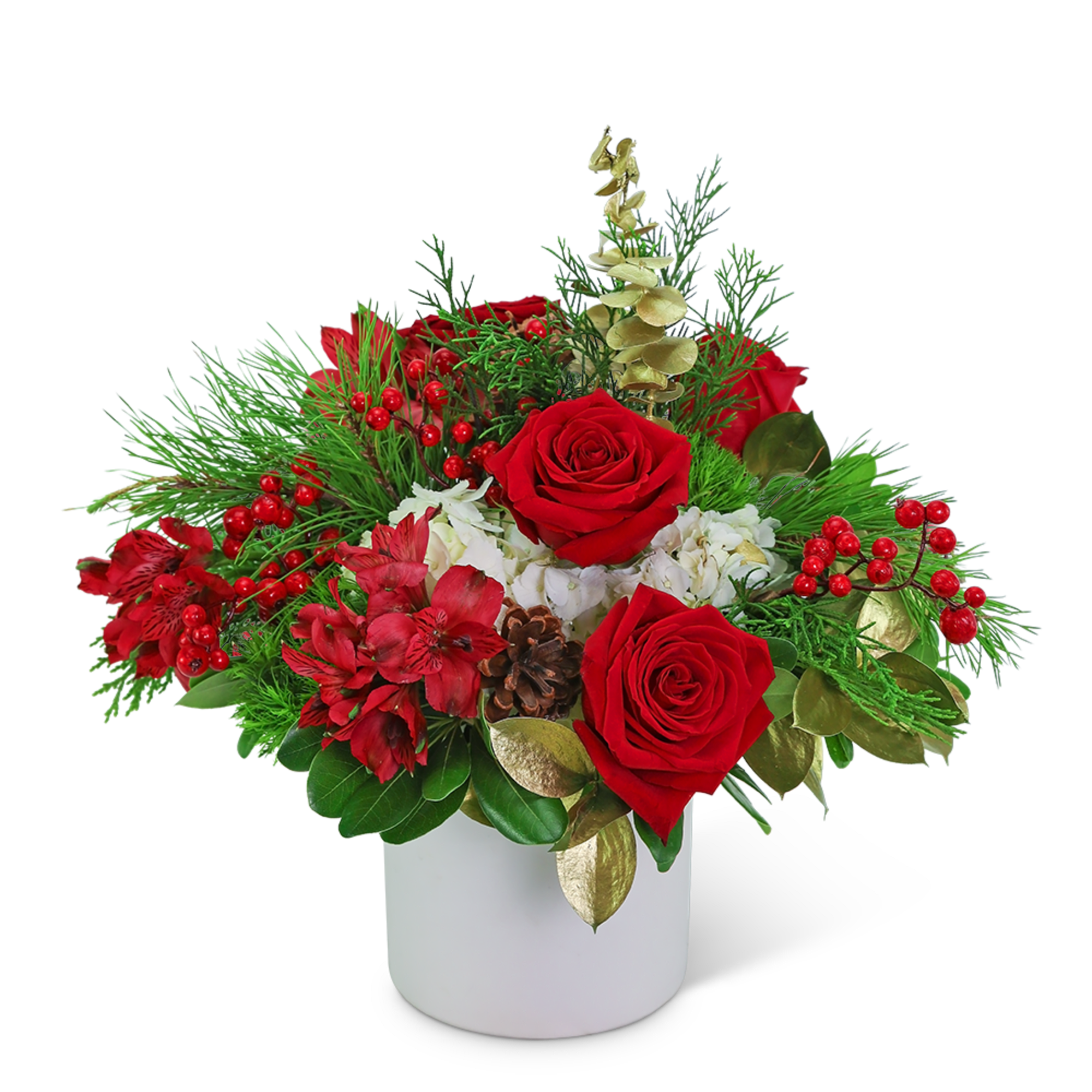 Red roses and red flowers in a white vase with pine and berries