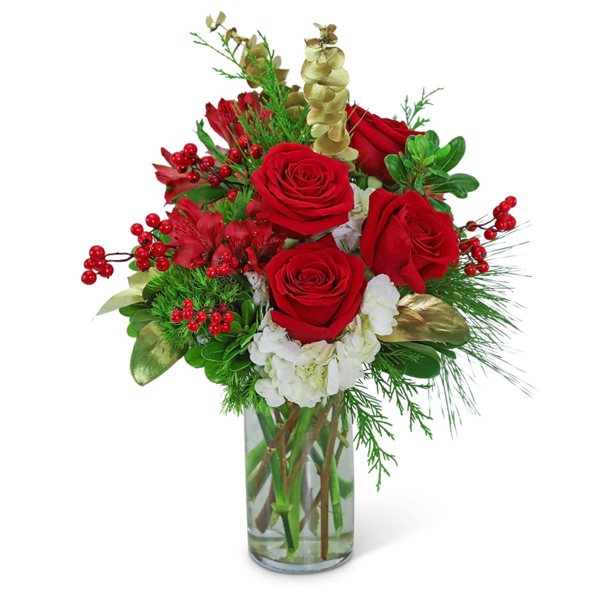 Red roses and white flowers arranged in a clear glass vase