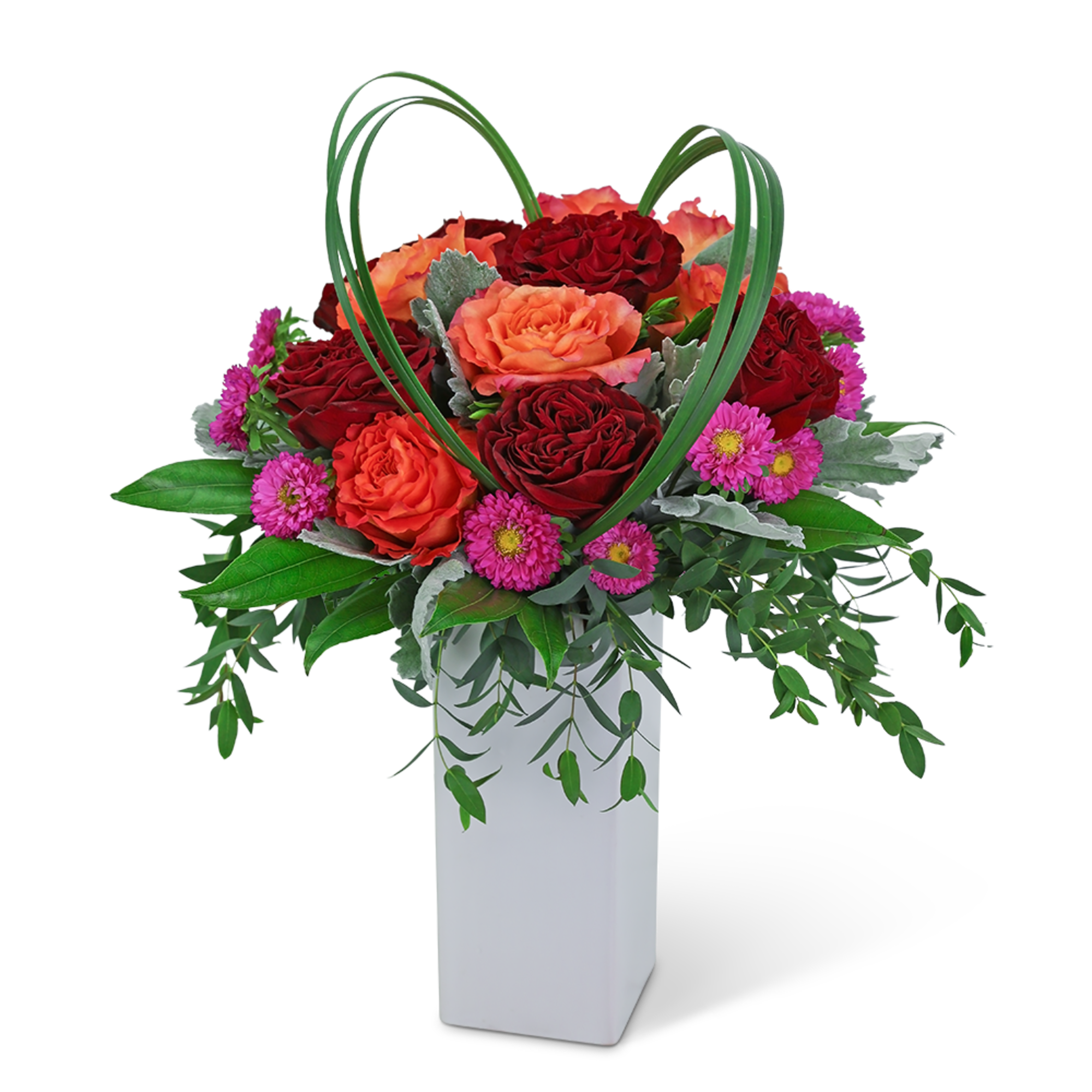 Bouquet of red and orange roses with pink daisies in a white vase