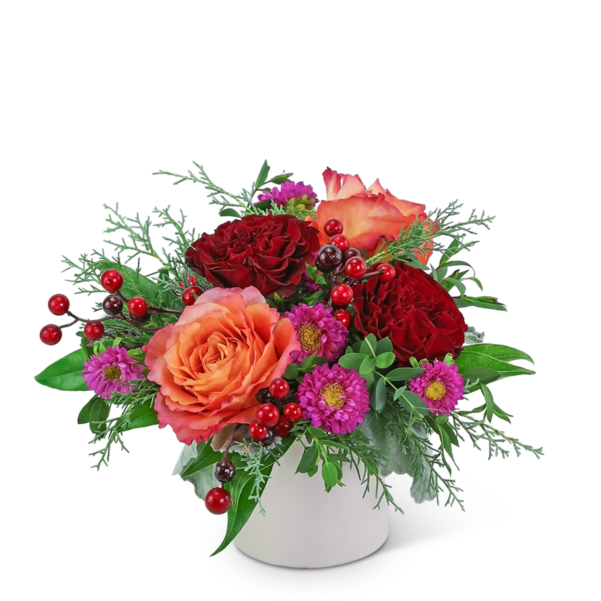 Arrangement of red and peach roses with purple flowers in a white vase