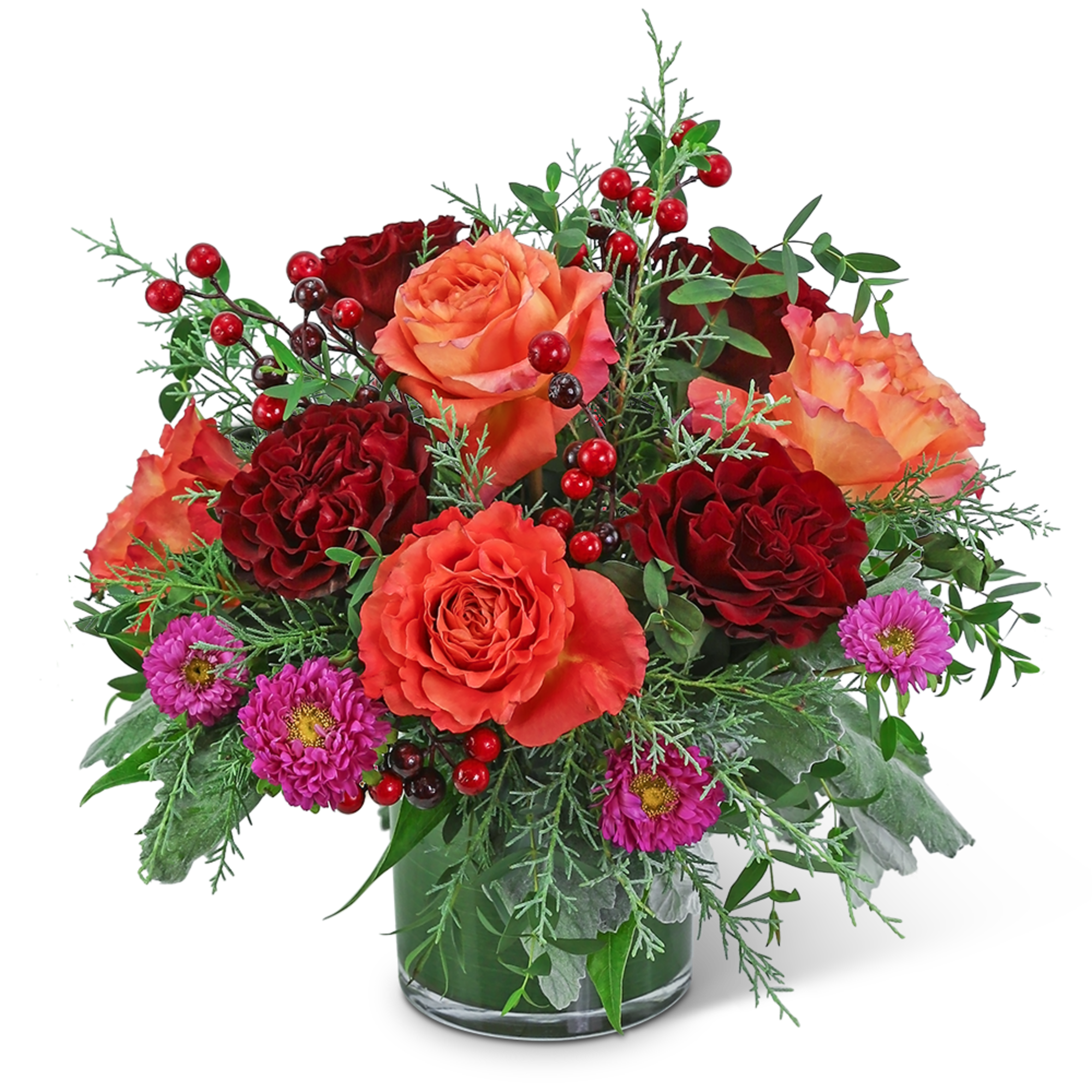 Orange and red roses with purple daisies in a glass vase