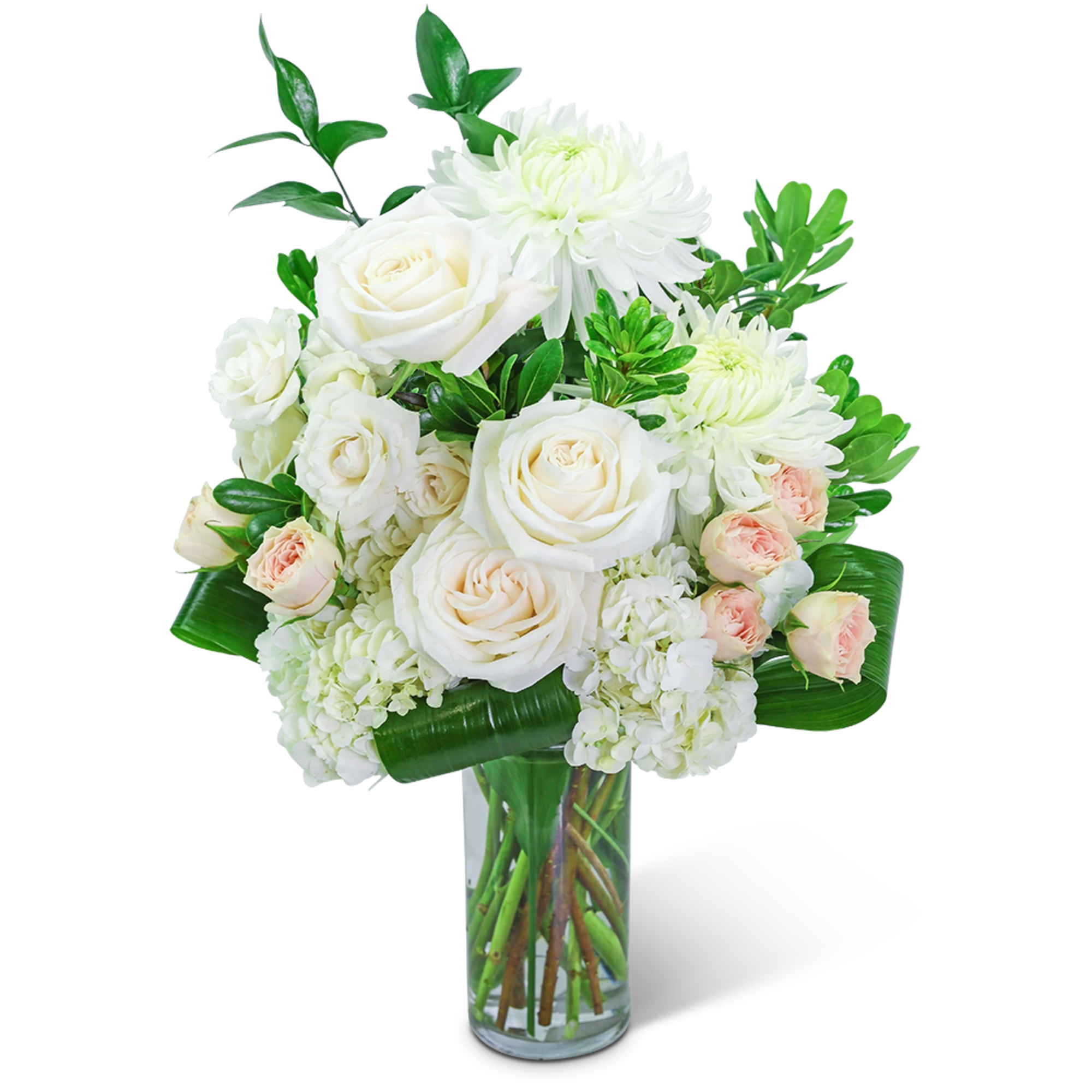 White roses and chrysanthemums in a clear glass vase with green foliage
