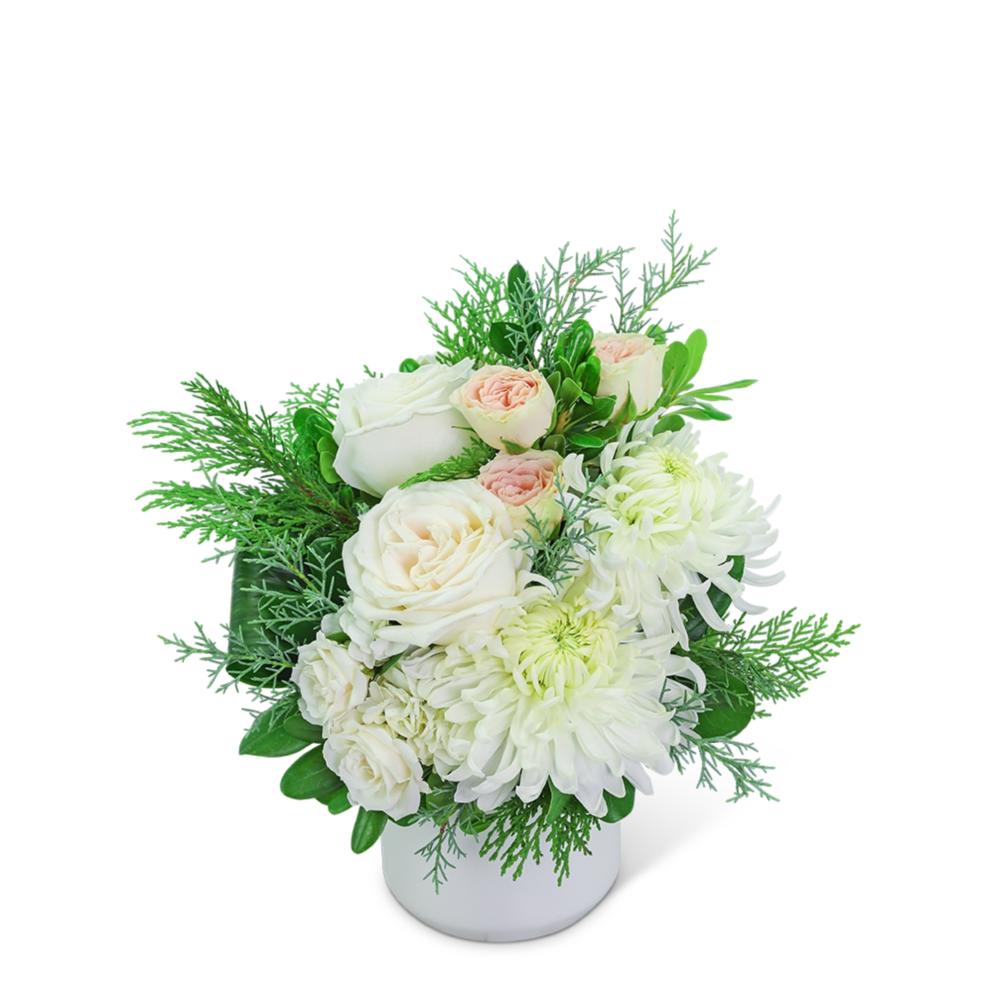 White and blush roses with white chrysanthemums in a white vase