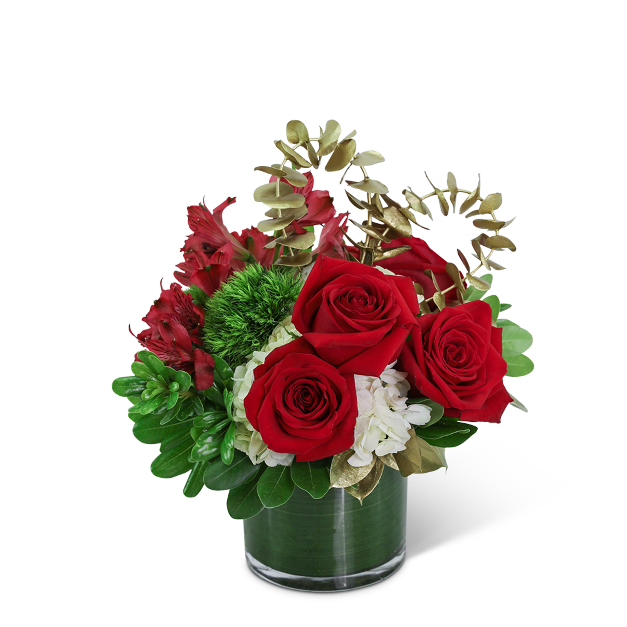 Red roses and red alstroemeria in a glass vase