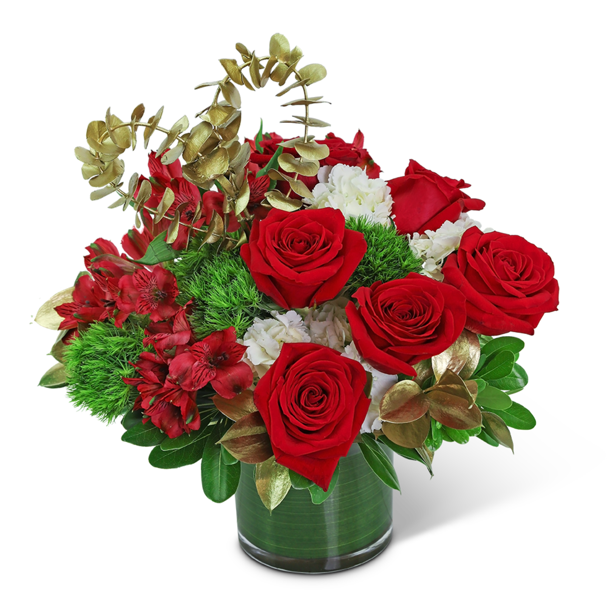 Cupid's Gold blooms with vibrant reds, greens, and gold in a leaf-lined