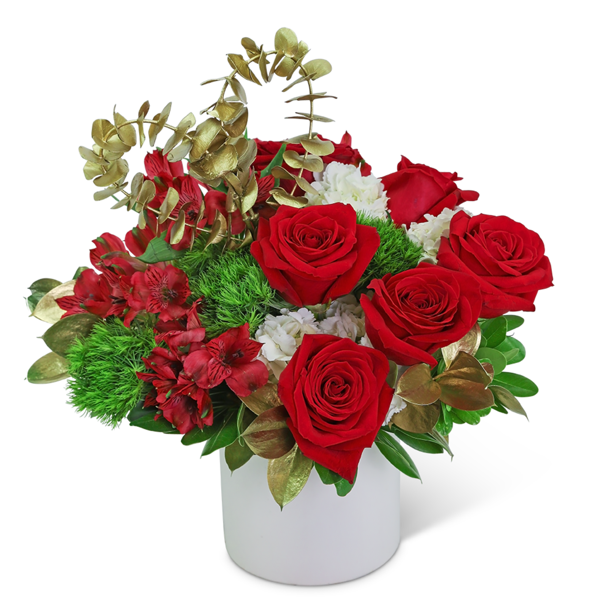 Red roses and white flowers in a white vase with gold foliage
