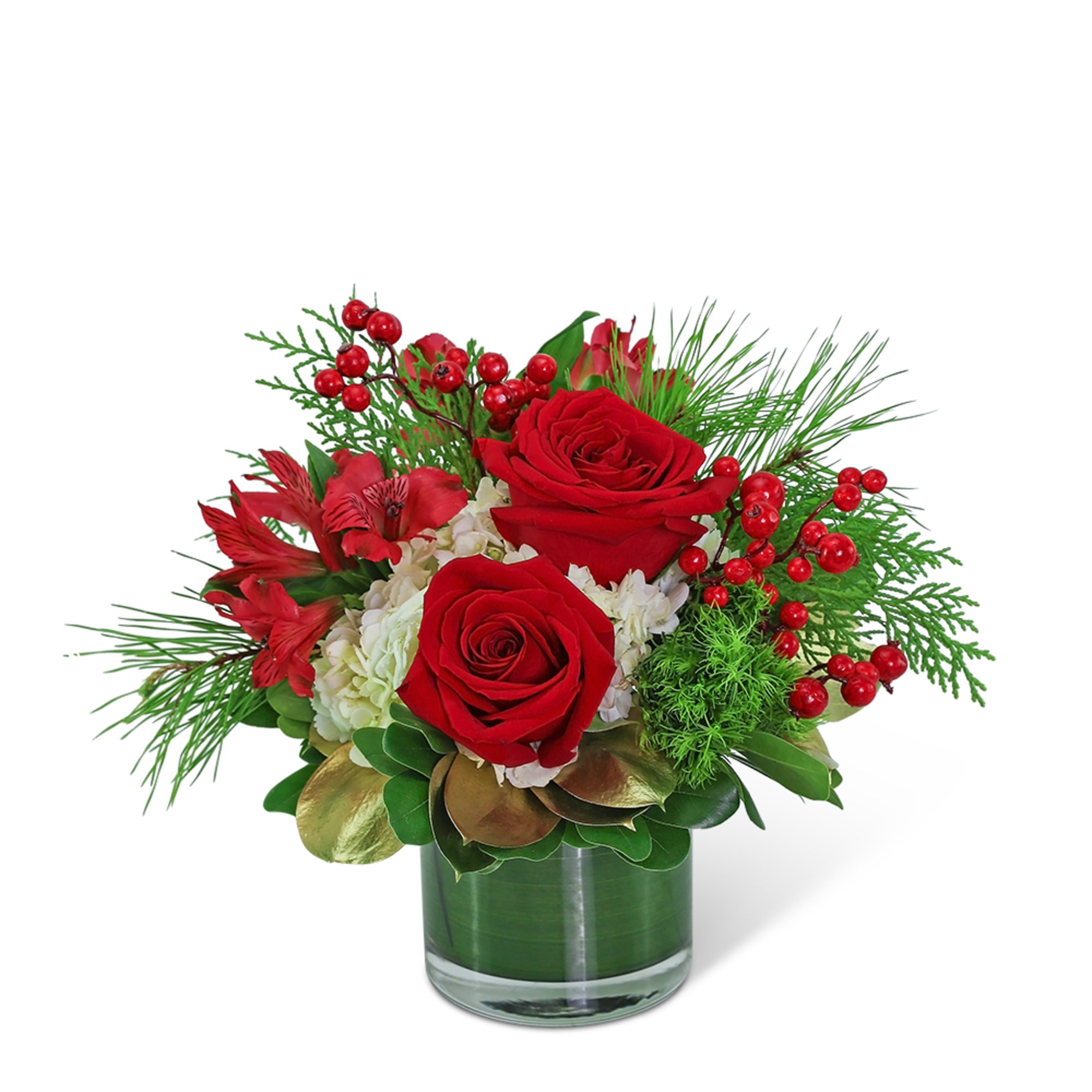 Red roses and red flowers arranged in a glass vase