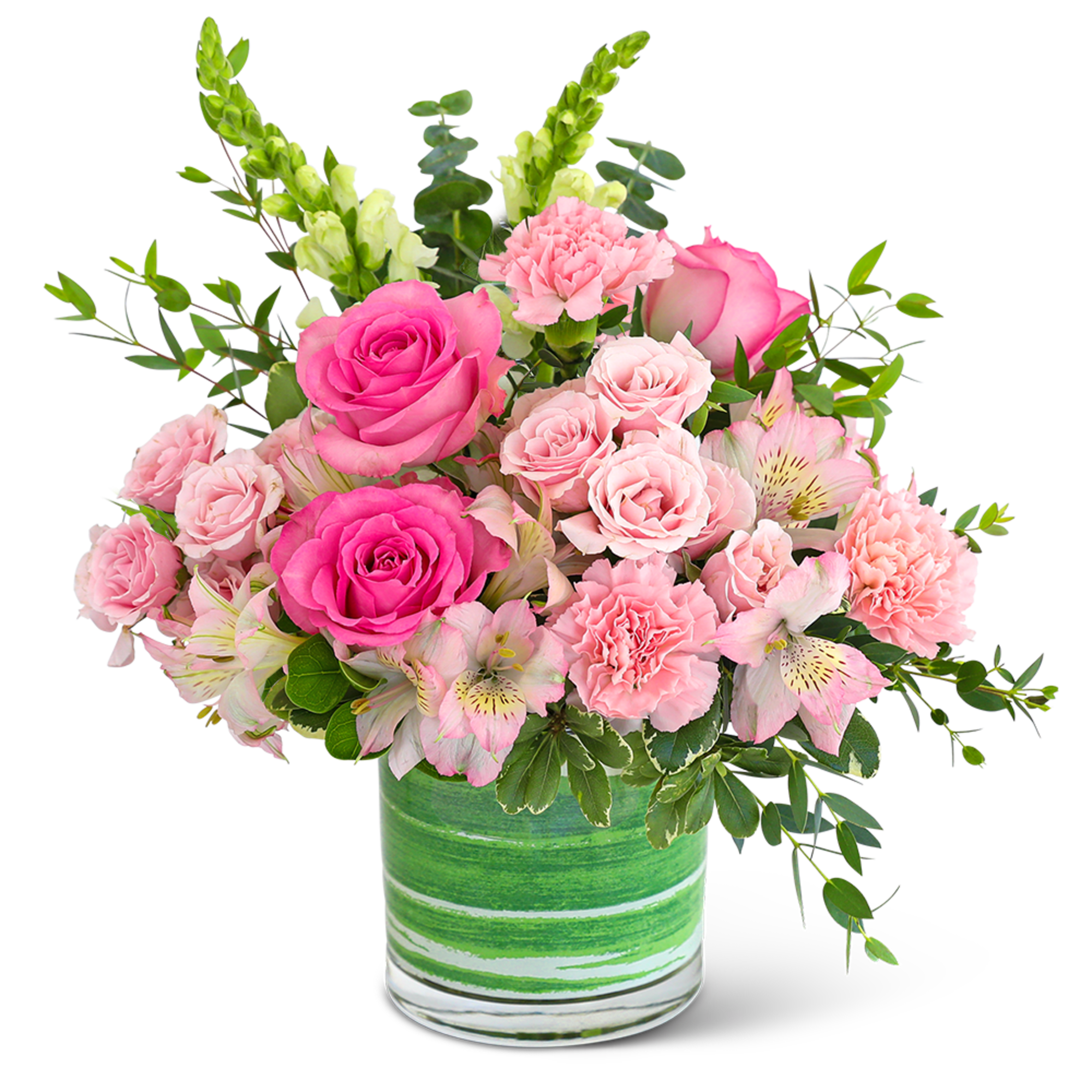 Pink roses and carnations in a green striped glass vase