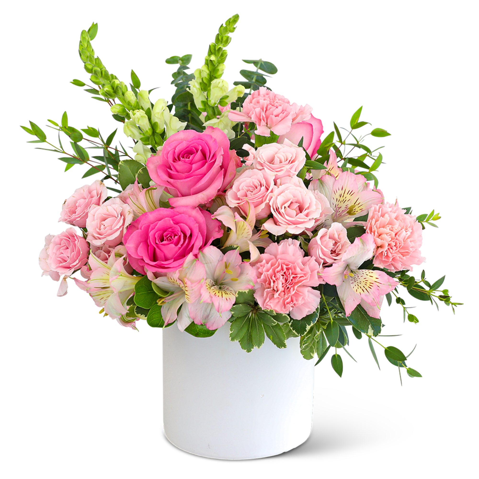 Pink roses and carnations in a white vase