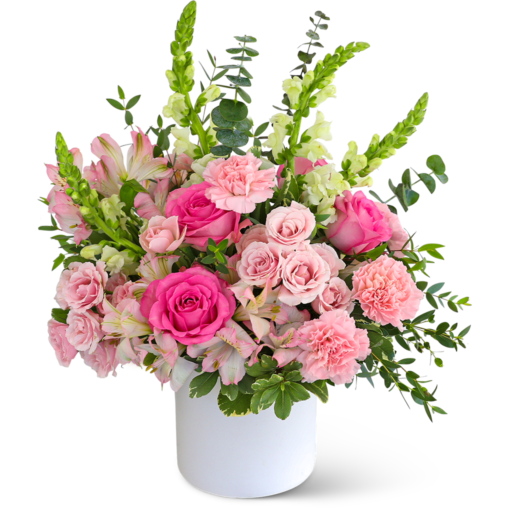 Pink roses and carnations in a white vase