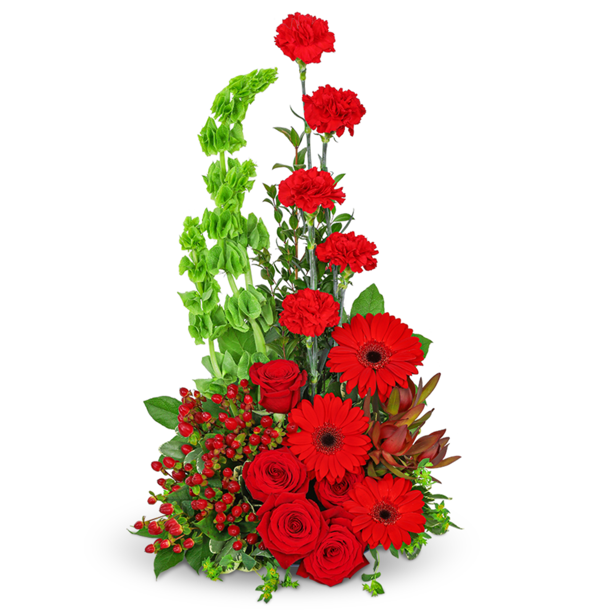 Red roses, gerbera daisies, and carnations in a tall arrangement