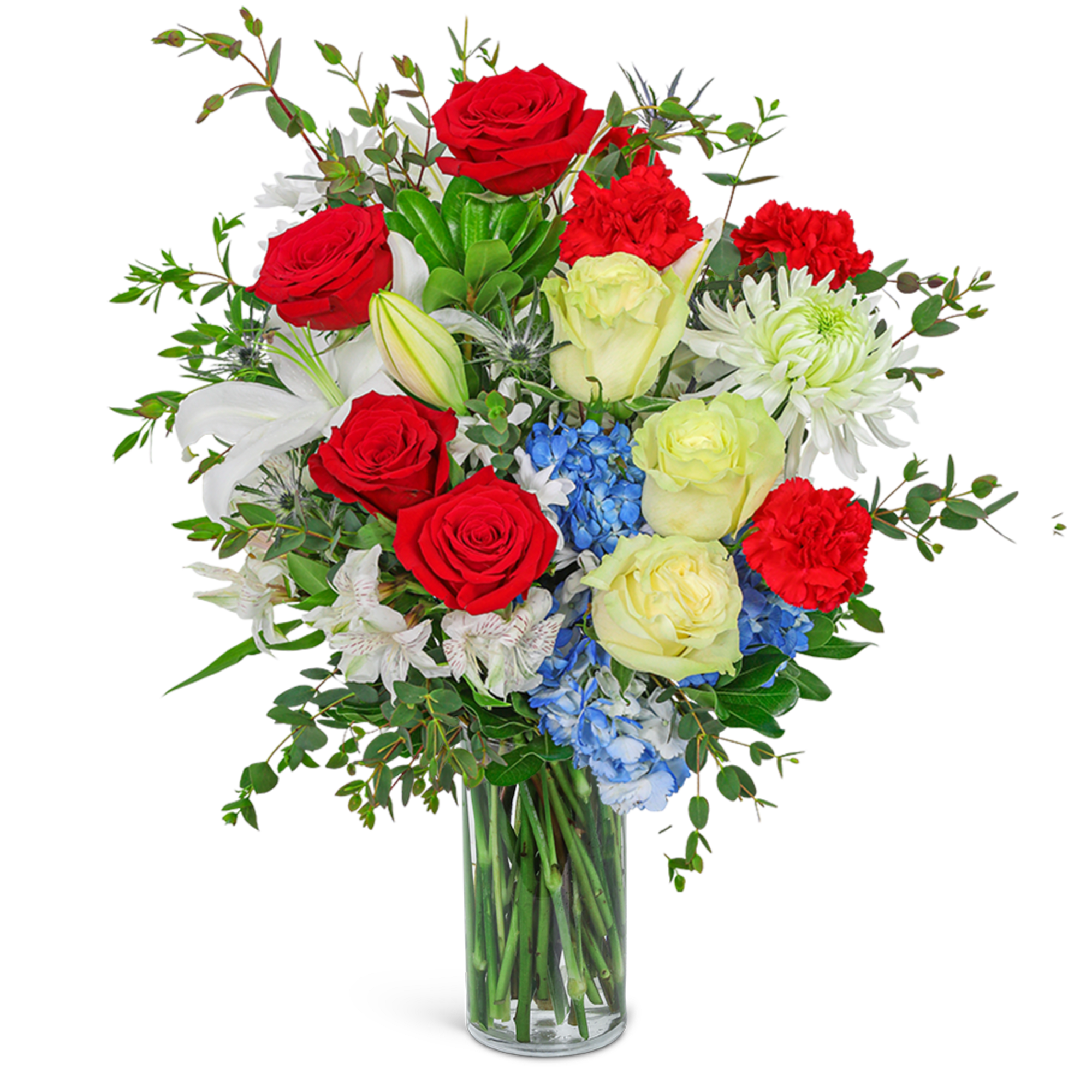 Bouquet of red and pale yellow roses with white lilies in a glass vase