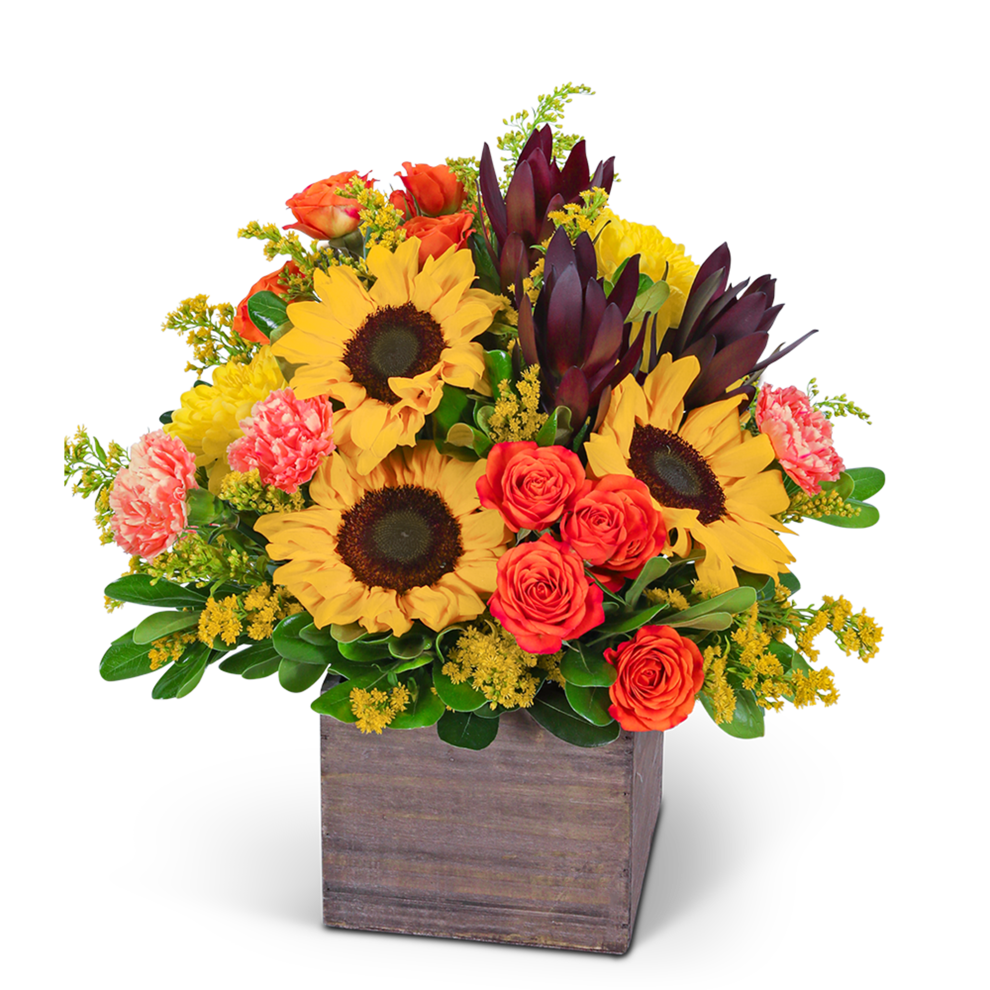 Sunflowers, orange roses, and carnations in a wooden box