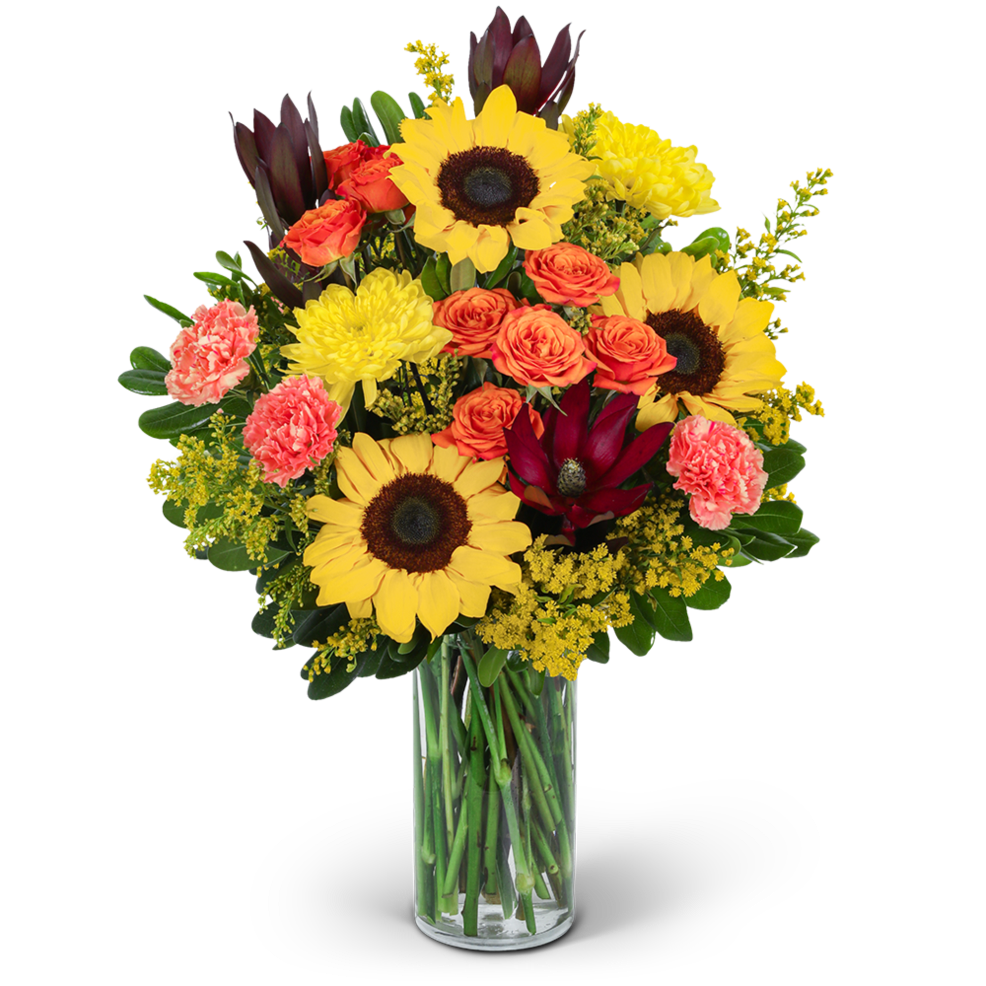 Bouquet of sunflowers, orange roses, and pink carnations in a glass vase