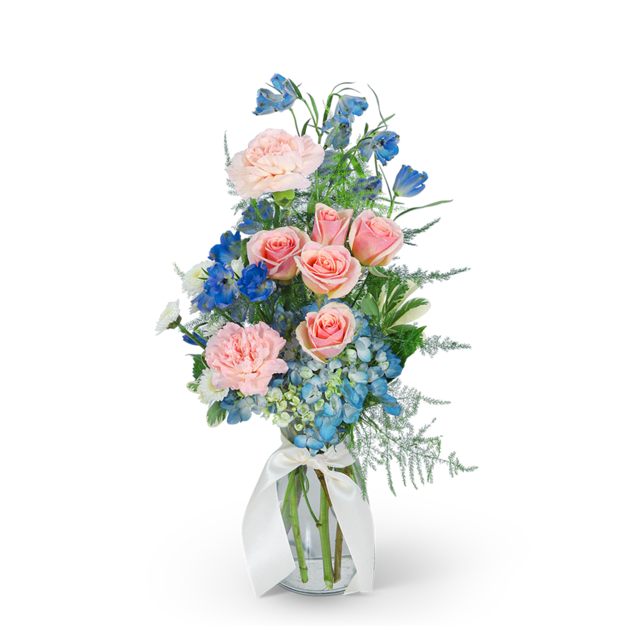 Pink roses and blue flowers in a glass vase with a white ribbon