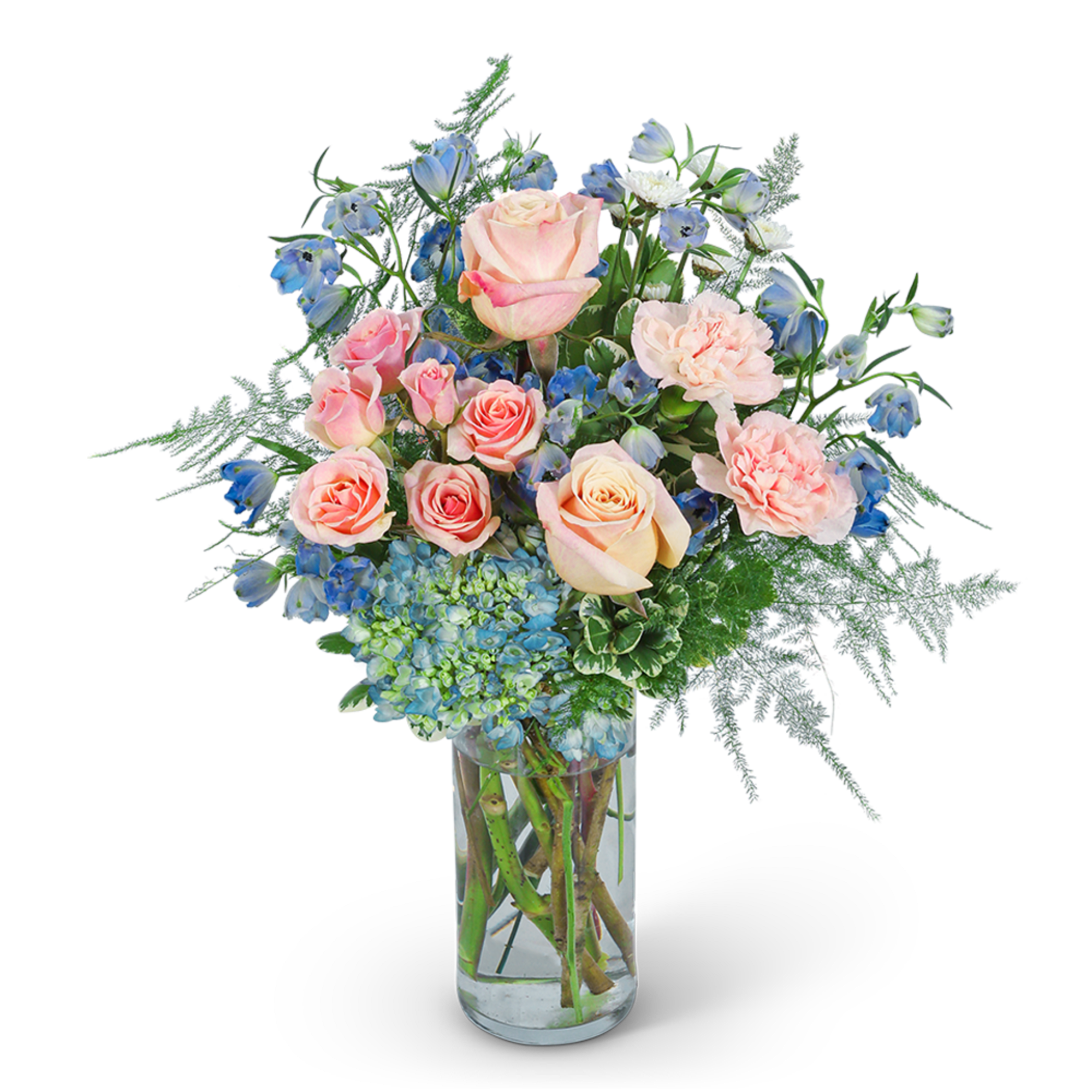 Pink roses and blue flowers in a clear glass vase