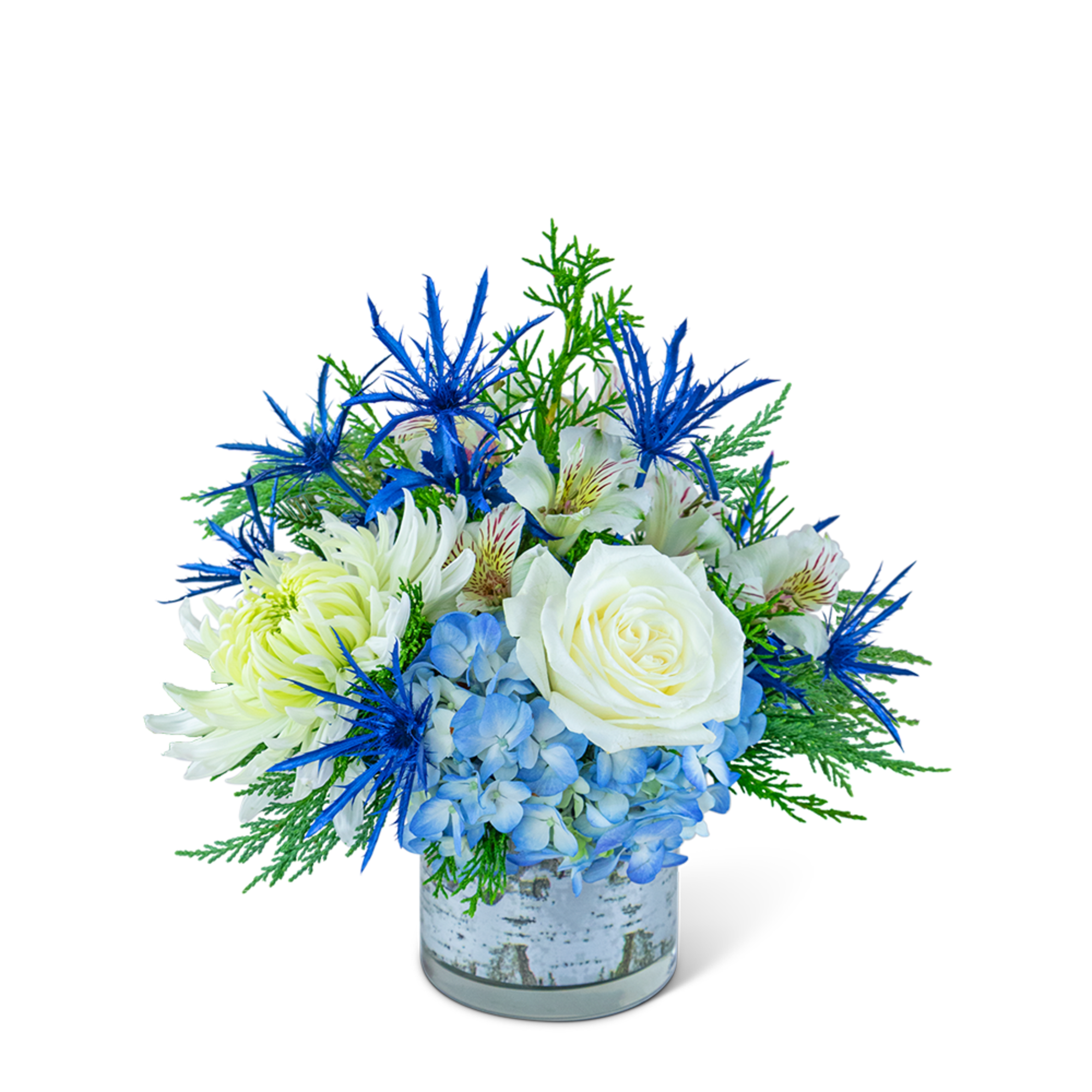 Blue and white floral arrangement in a glass vase