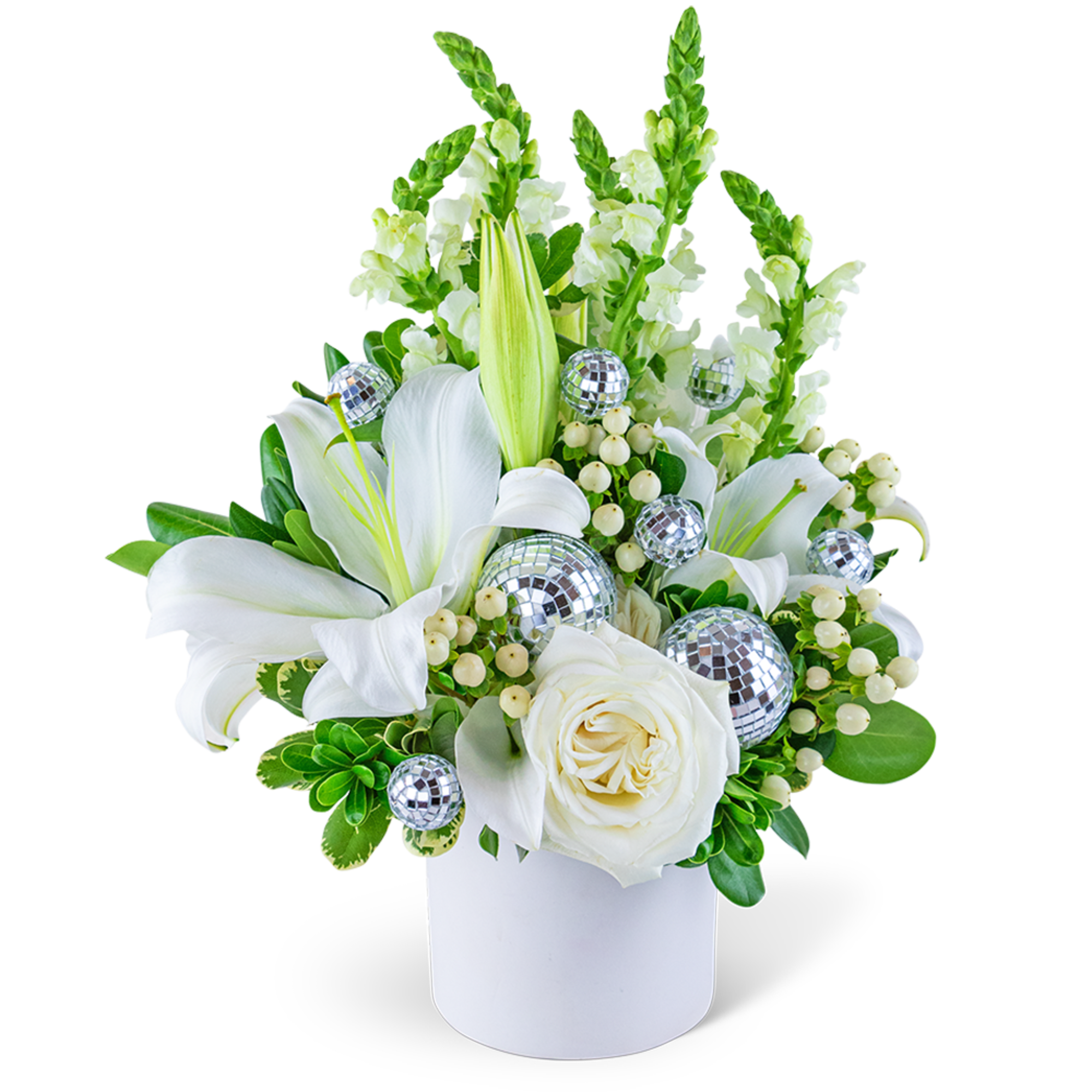 White lilies and roses in a white vase with silver disco ball accents