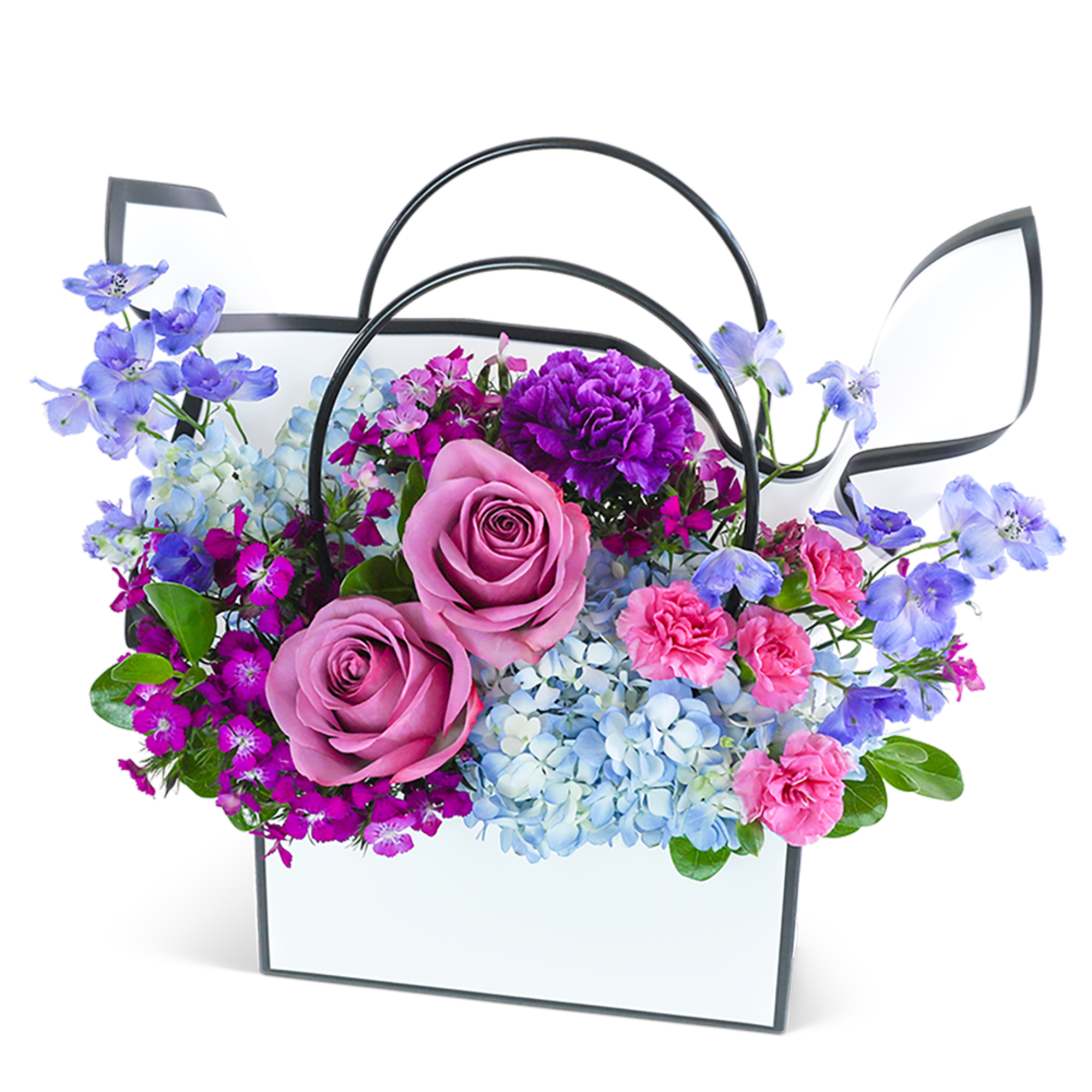 Pink roses and mixed purple-blue flowers in a white handled basket