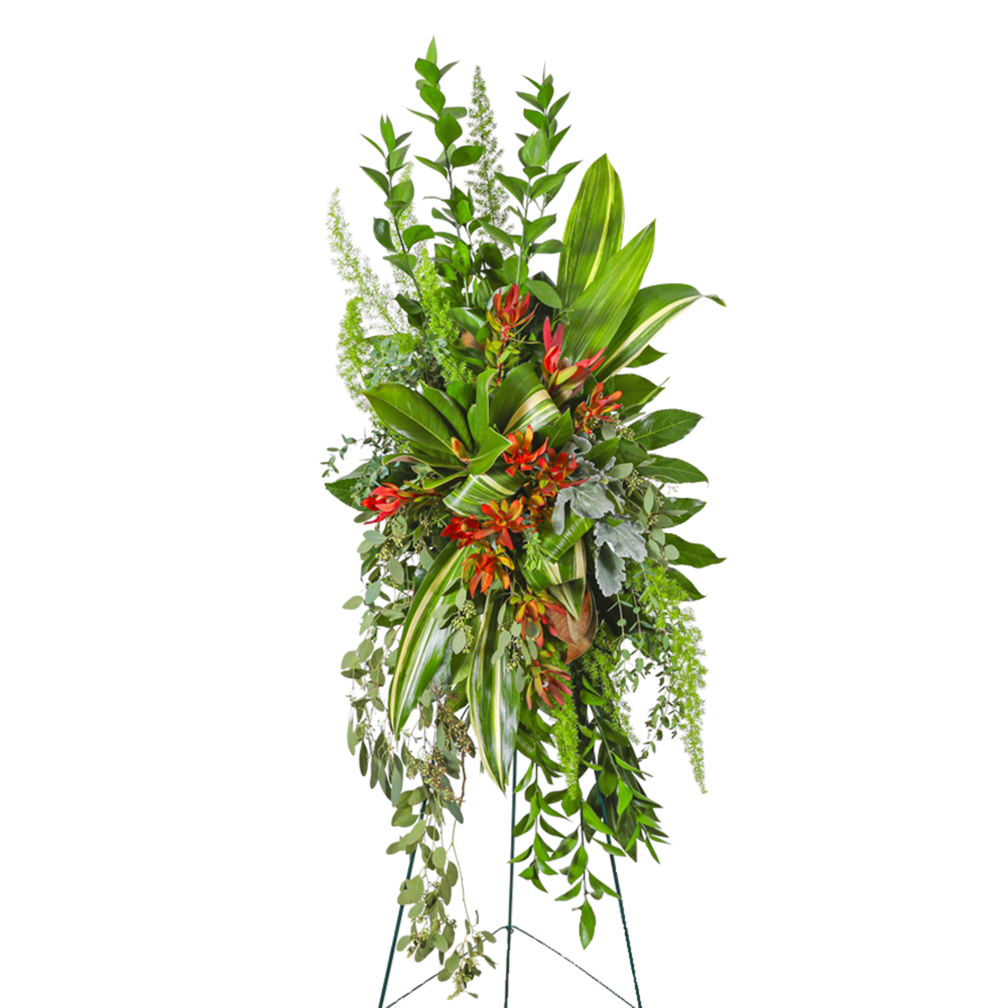 Tall tropical standing spray with red-orange flowers and lush greenery