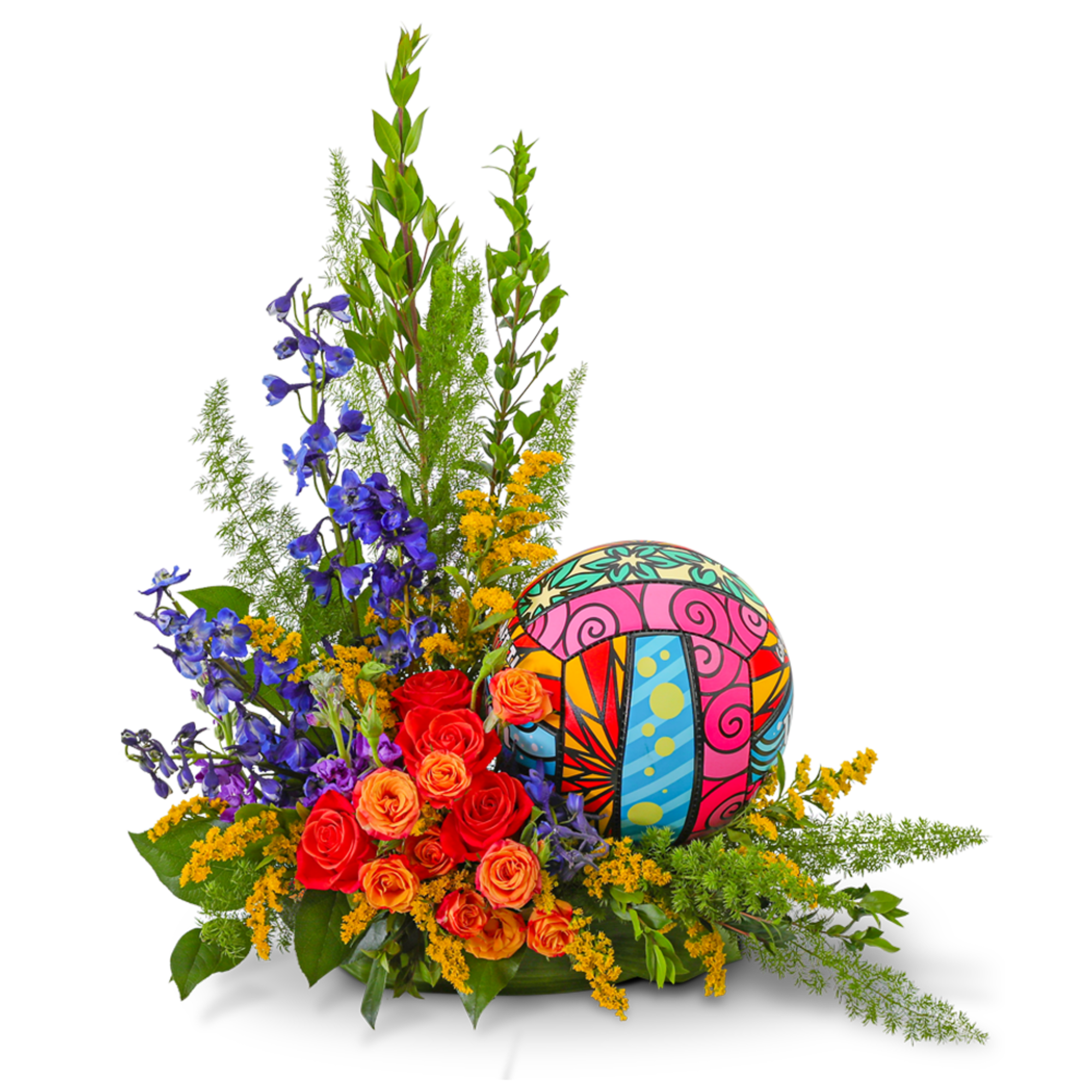 Colorful floral arrangement with roses and a decorative patterned sphere