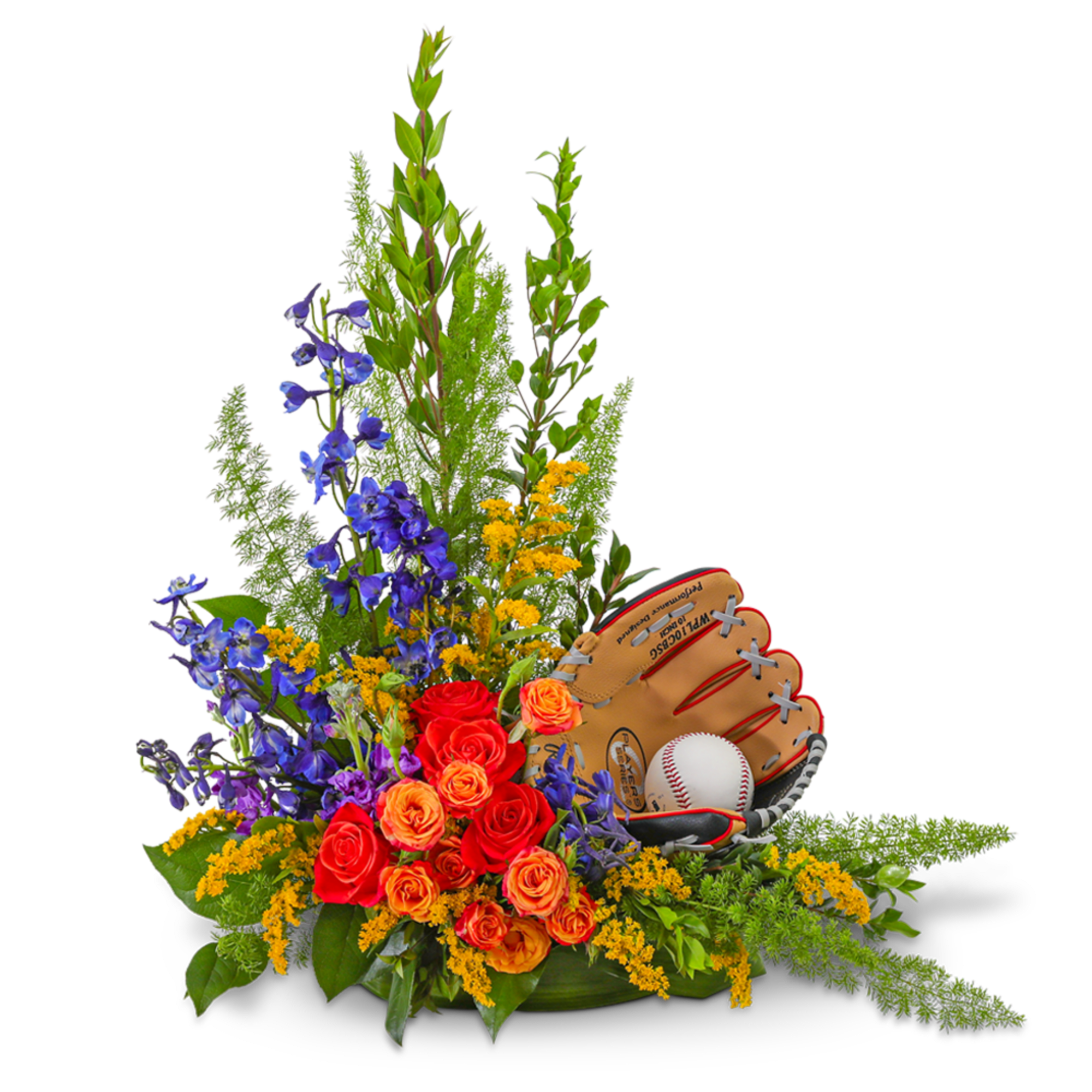 Floral arrangement with red and orange roses and a baseball glove and ball