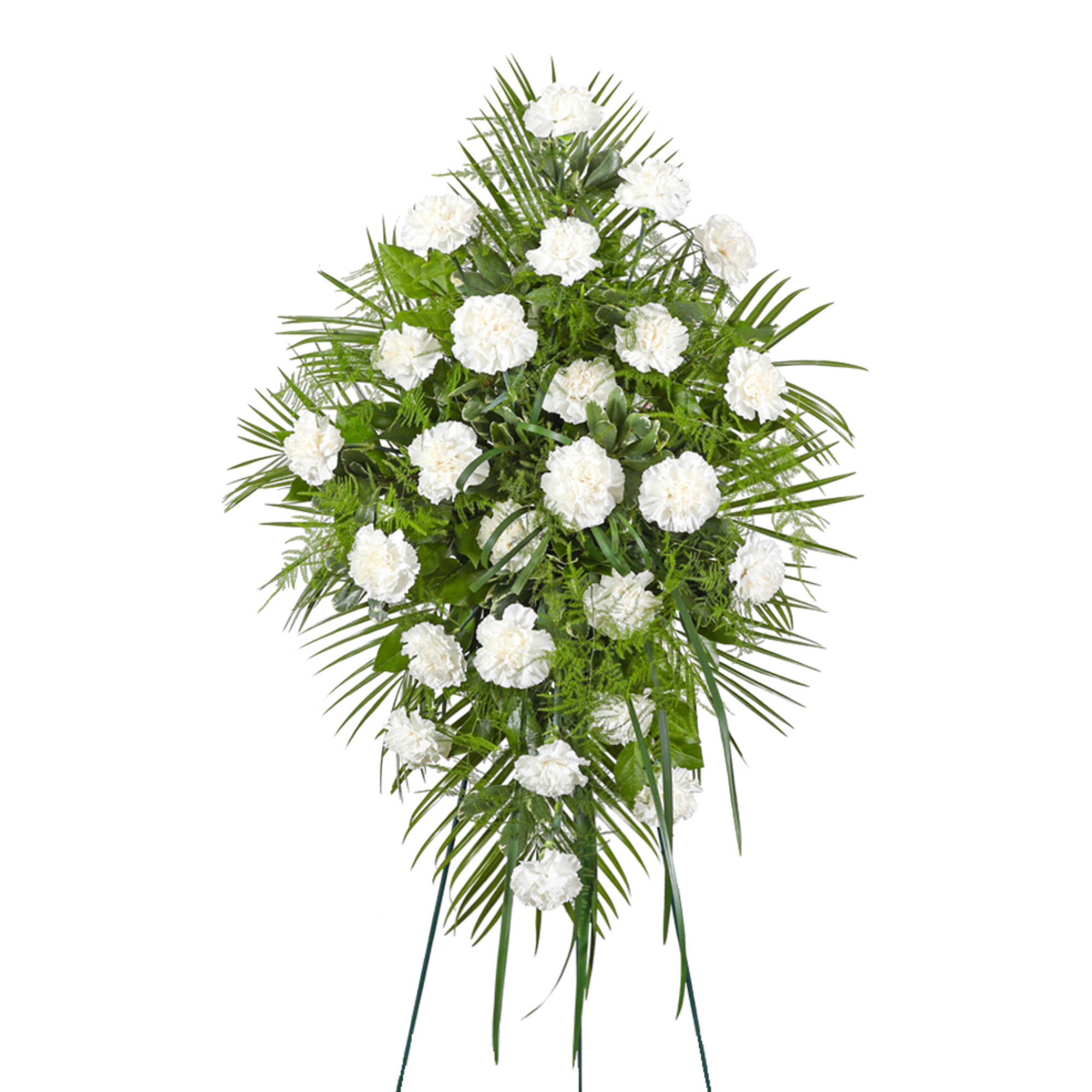 Standing spray of white carnations with palm fronds and greenery
