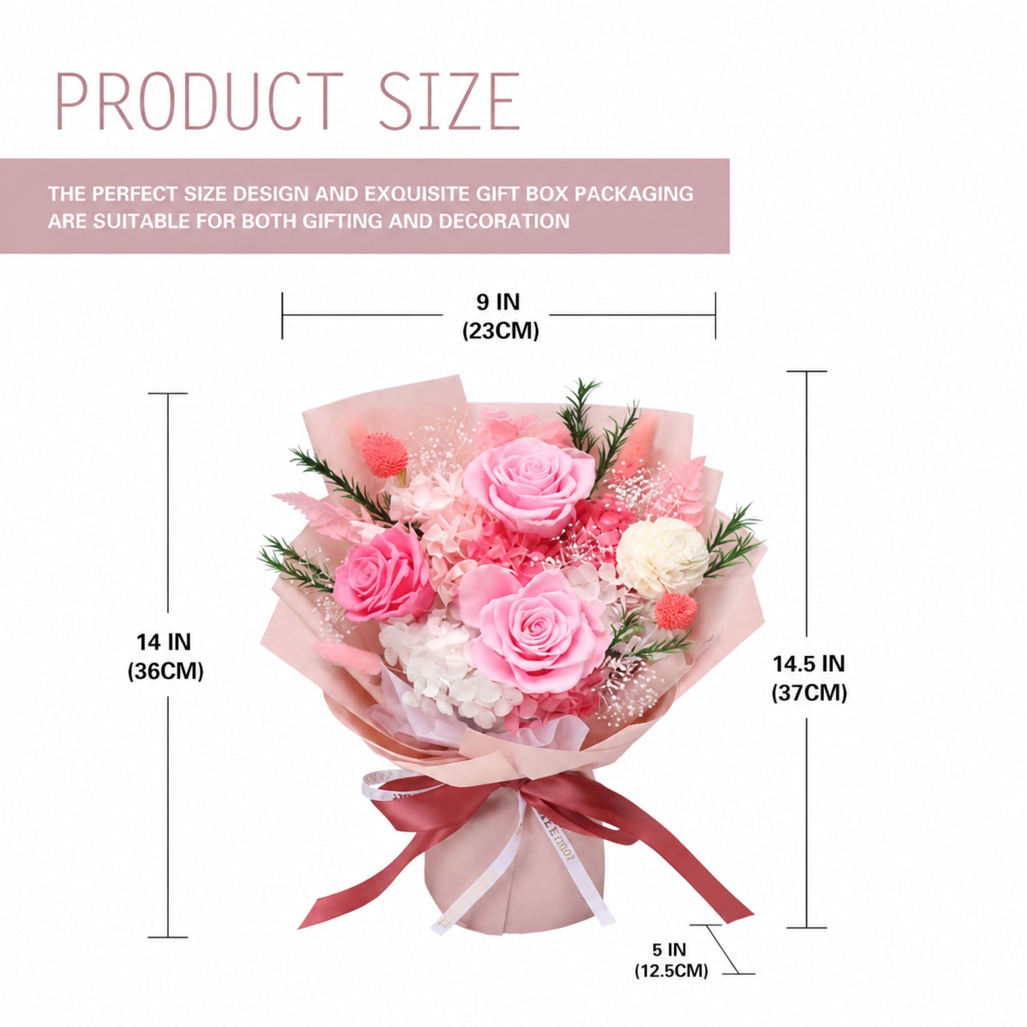 Flowers stay vibrant for 3-5 years, no watering needed.
Bouquet Size : 14"H
