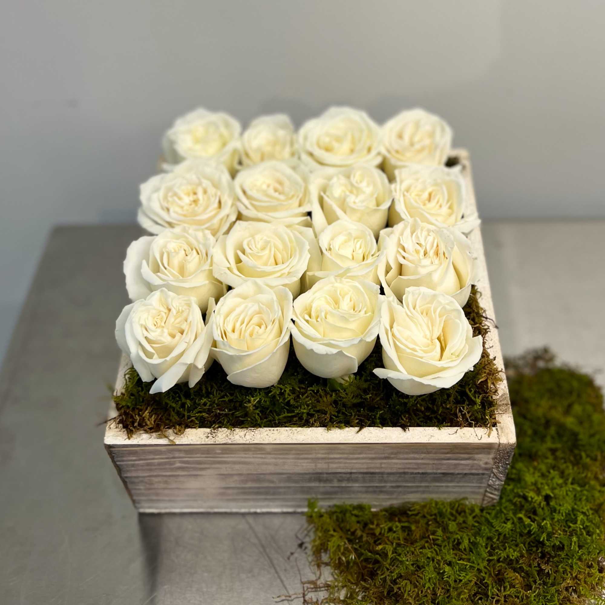 White roses arranged in a square wooden box with moss