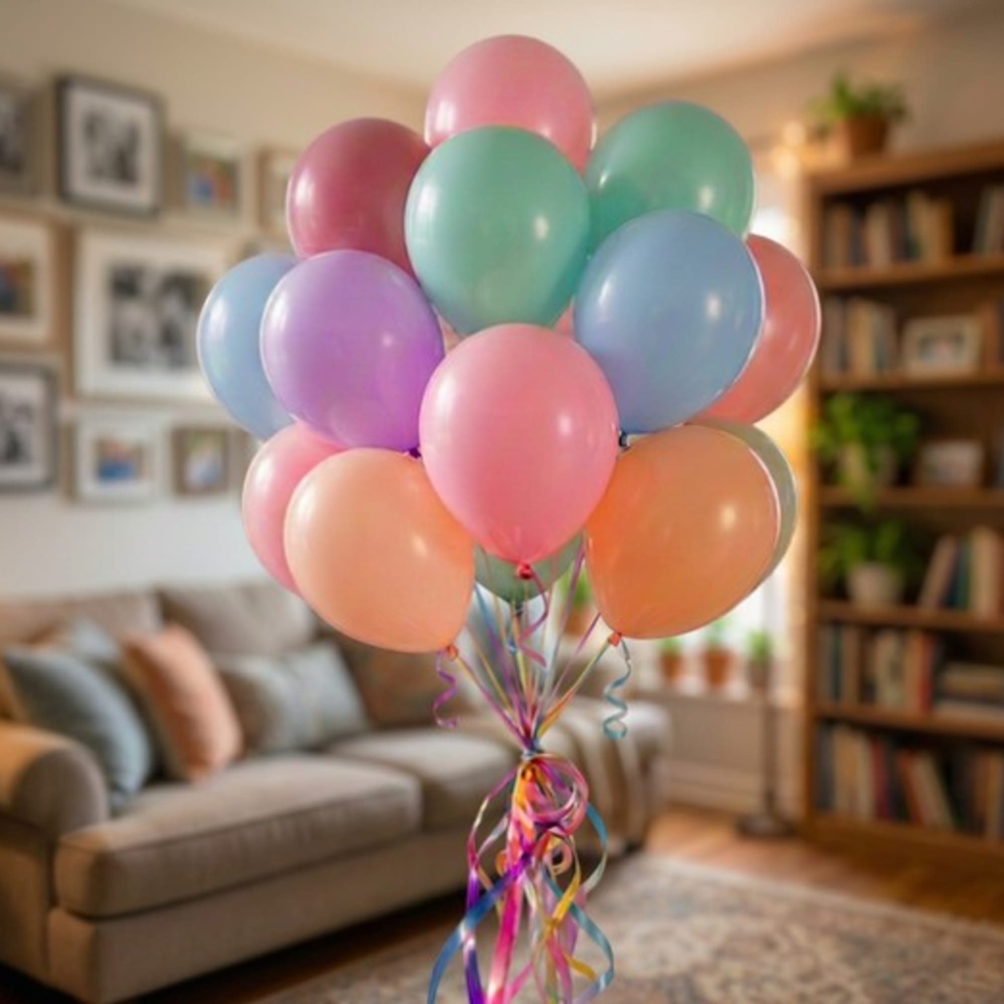 Cluster of pastel balloons with curling ribbons in a living room