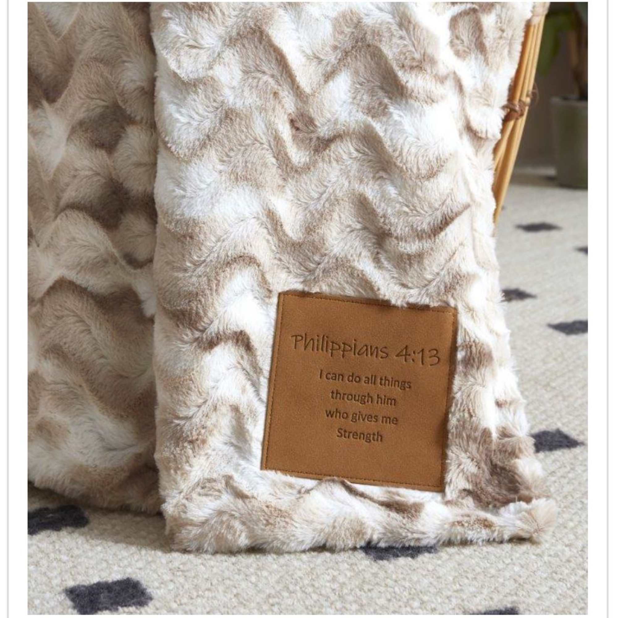 Faux fur blanket with a Philippians 4:13 patch