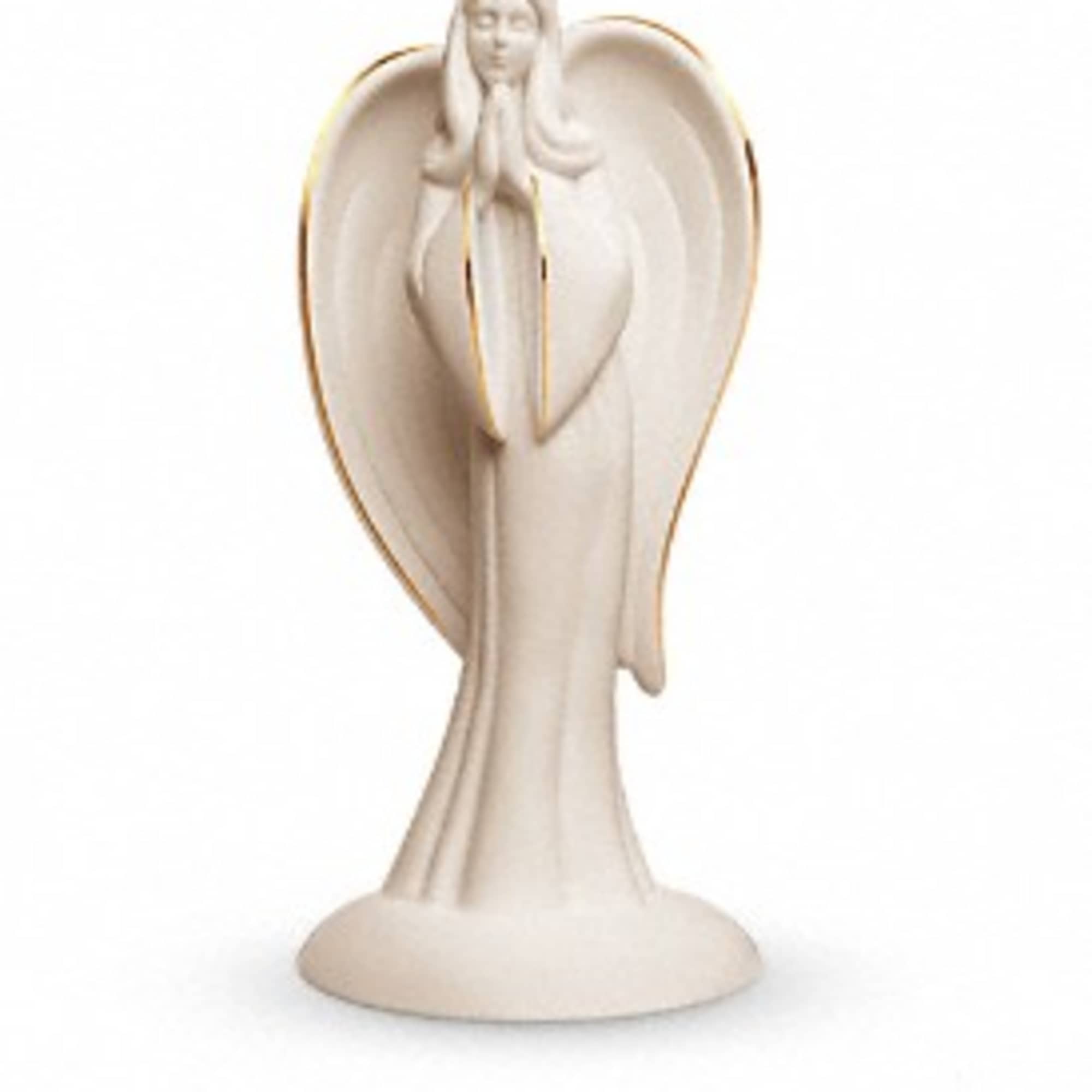 Beige angel figurine with large wings on a white background