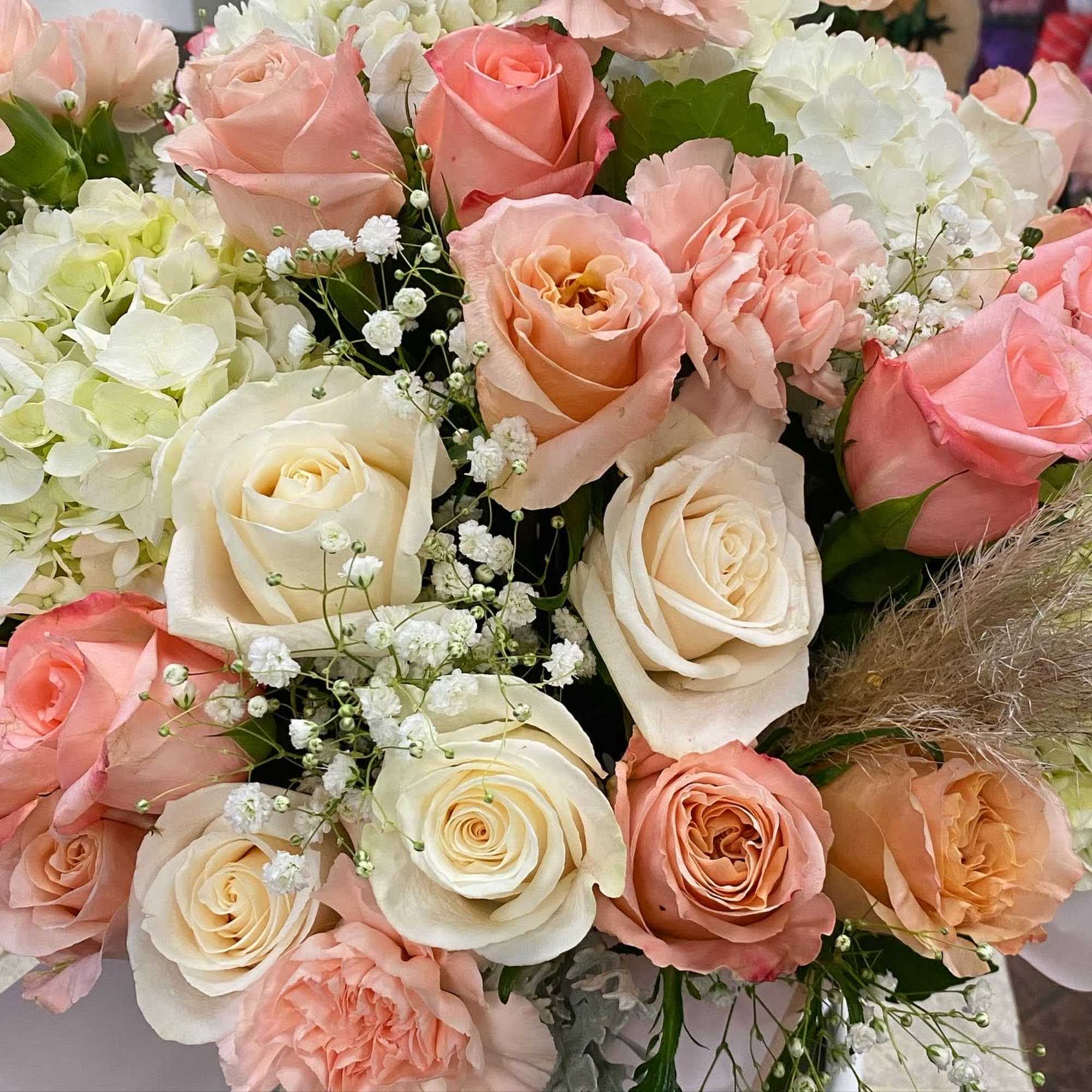 Bouquet of blush, cream, and peach roses with white baby's breath