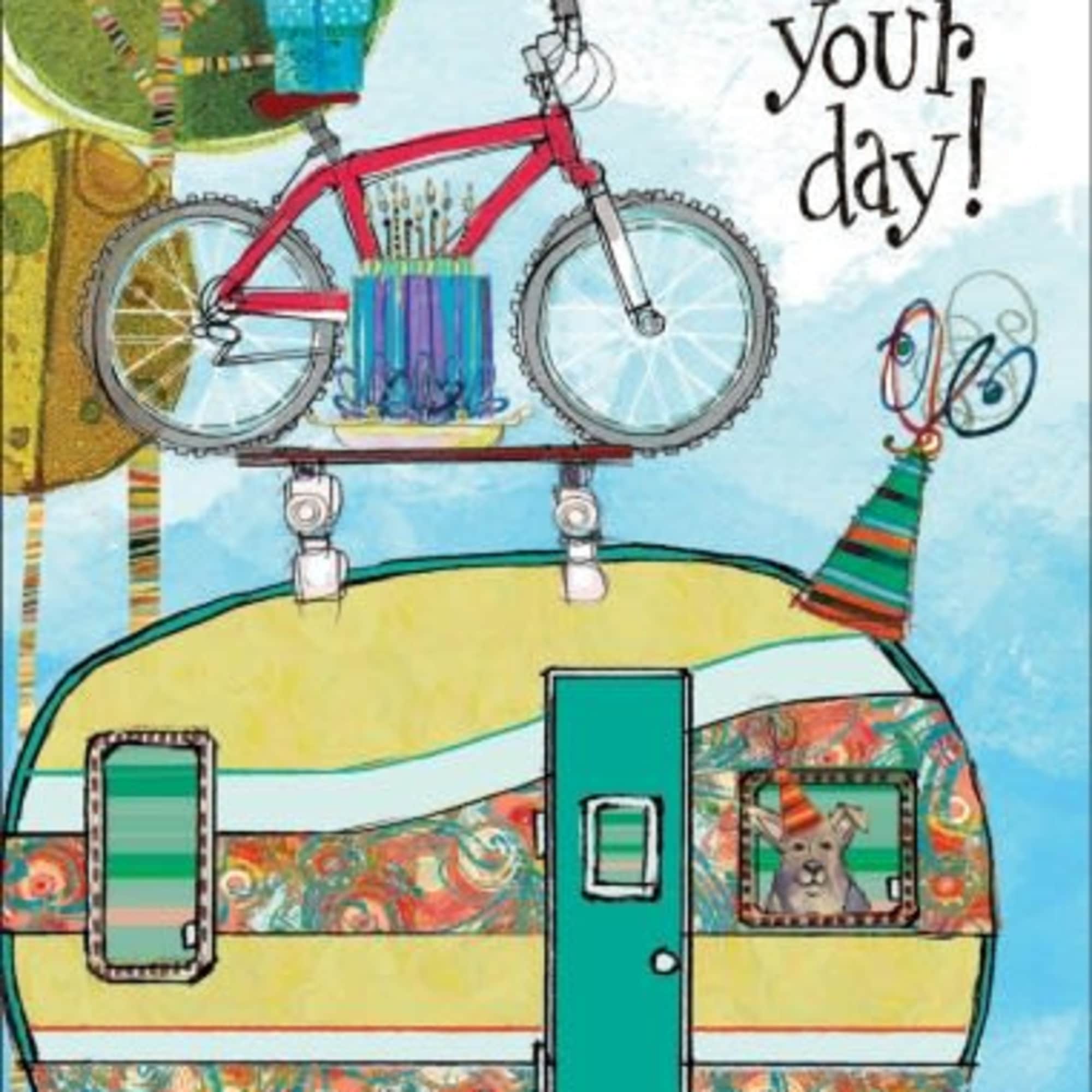 Illustrated birthday card with a bicycle on a camper and the text "It's your day!"