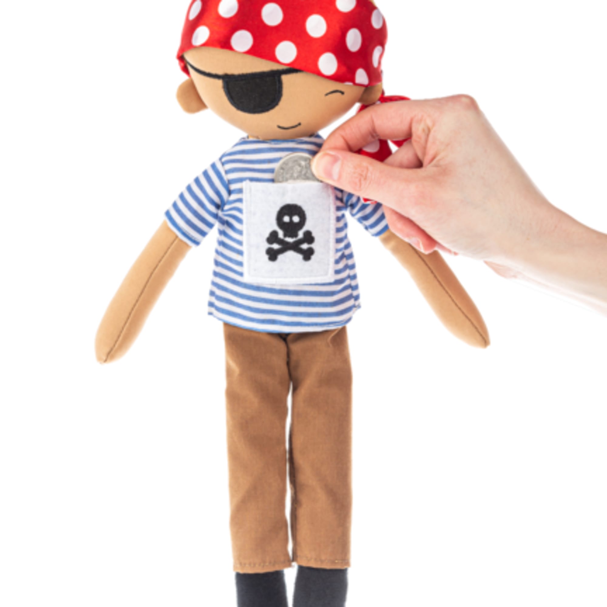 Pirate-themed plush doll with a red polka-dot bandana