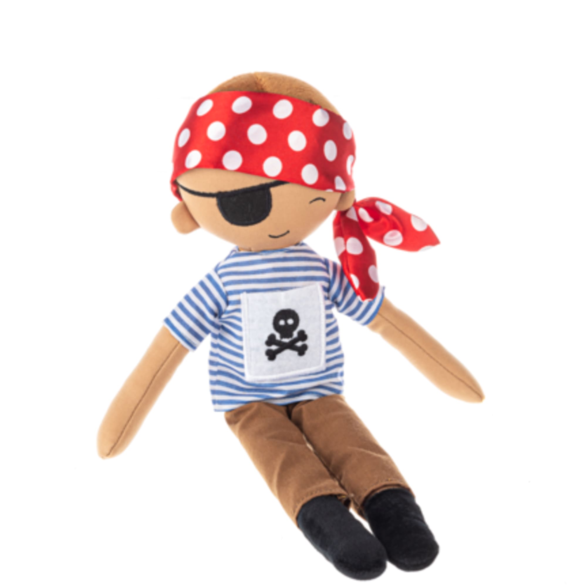 Pirate-themed plush doll with red bandana and striped shirt
