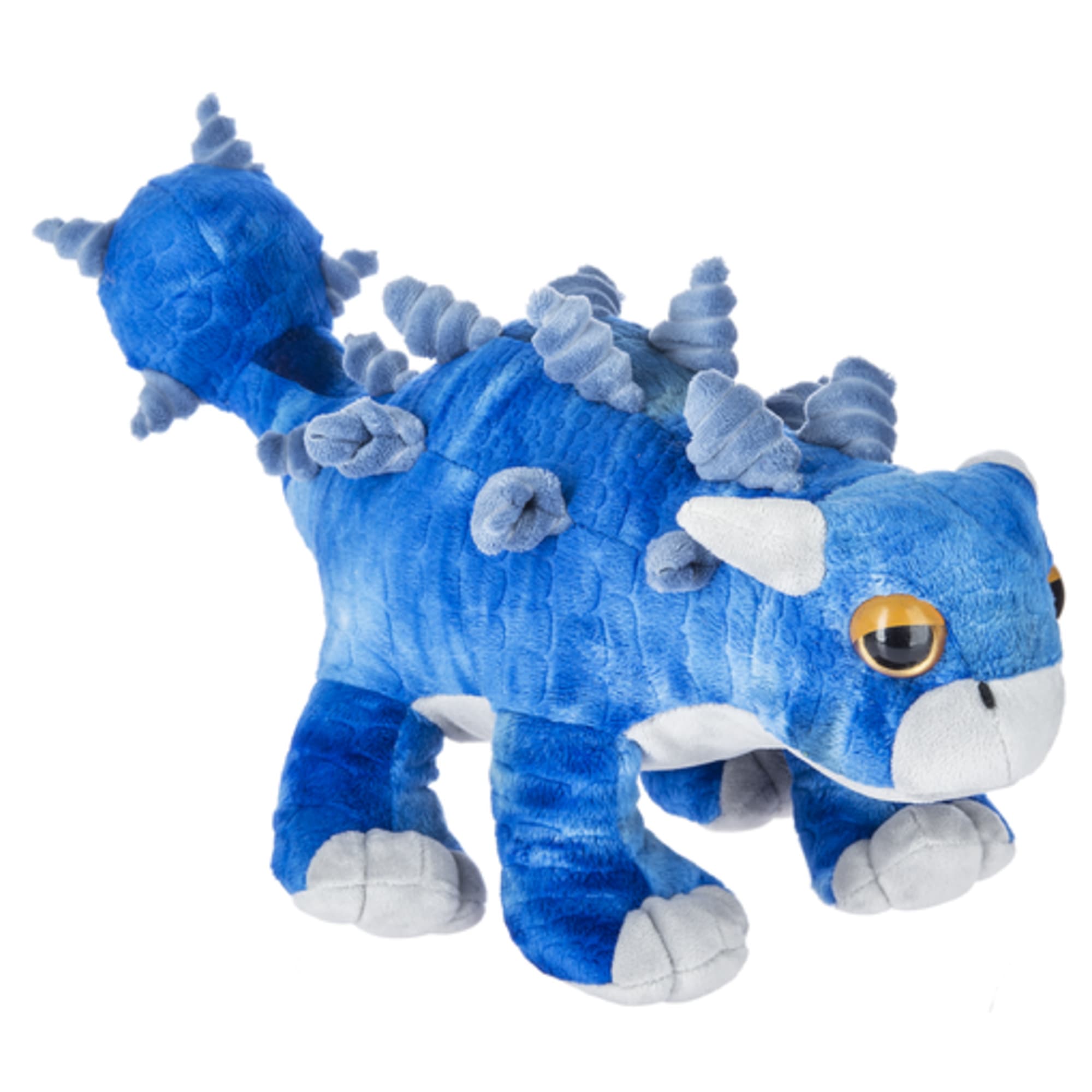 Blue plush dinosaur toy with gray spikes and white accents