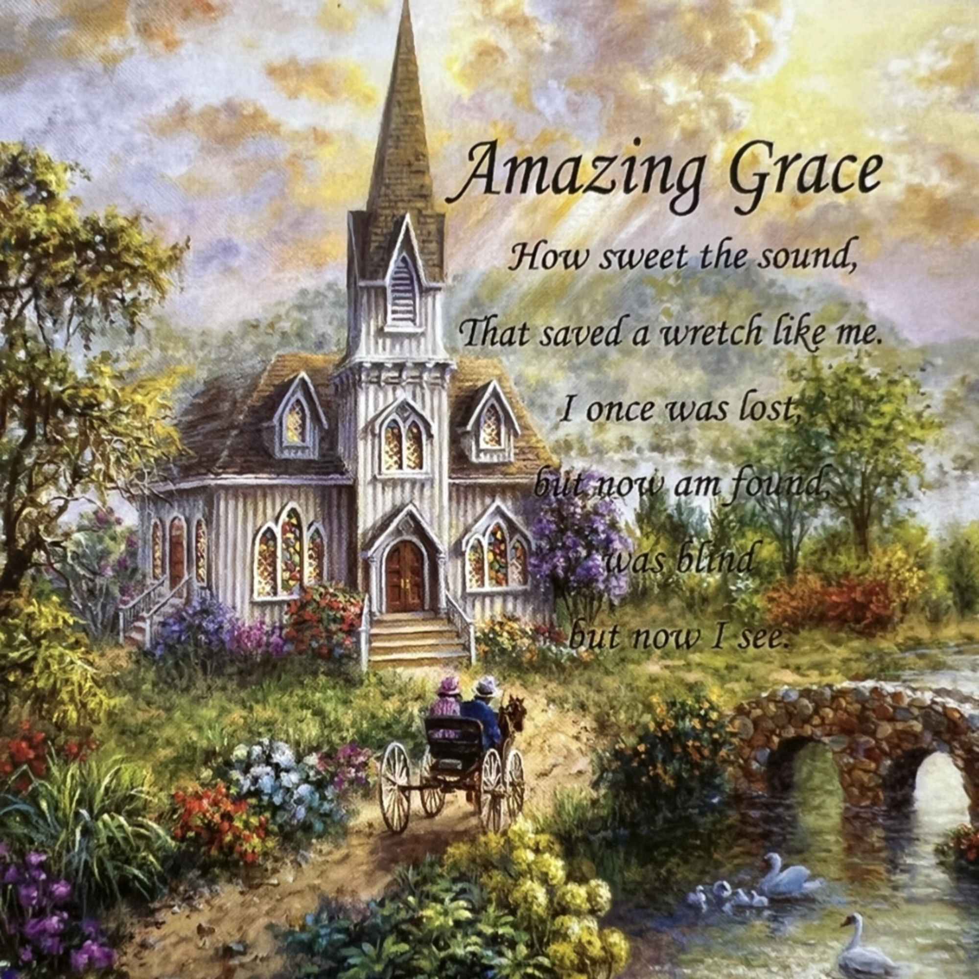 Painting of a church with the words Amazing Grace over a garden scene
