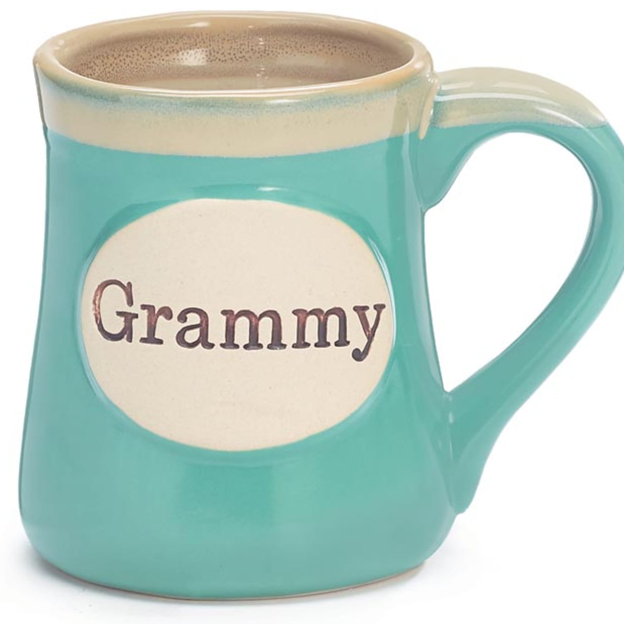 Turquoise ceramic mug with a cream oval label reading “Grammy” on the front