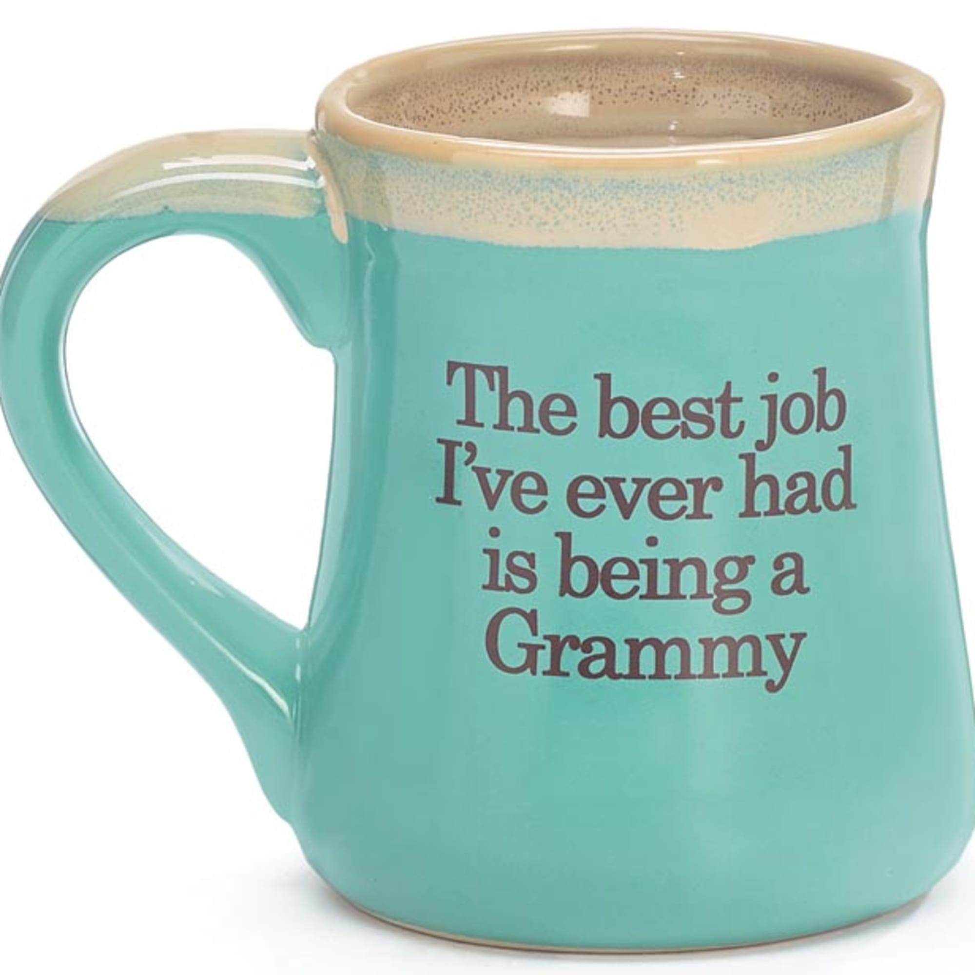 Turquoise ceramic mug with beige rim and the printed phrase 'The best job I've ever had is being a Grammy.'