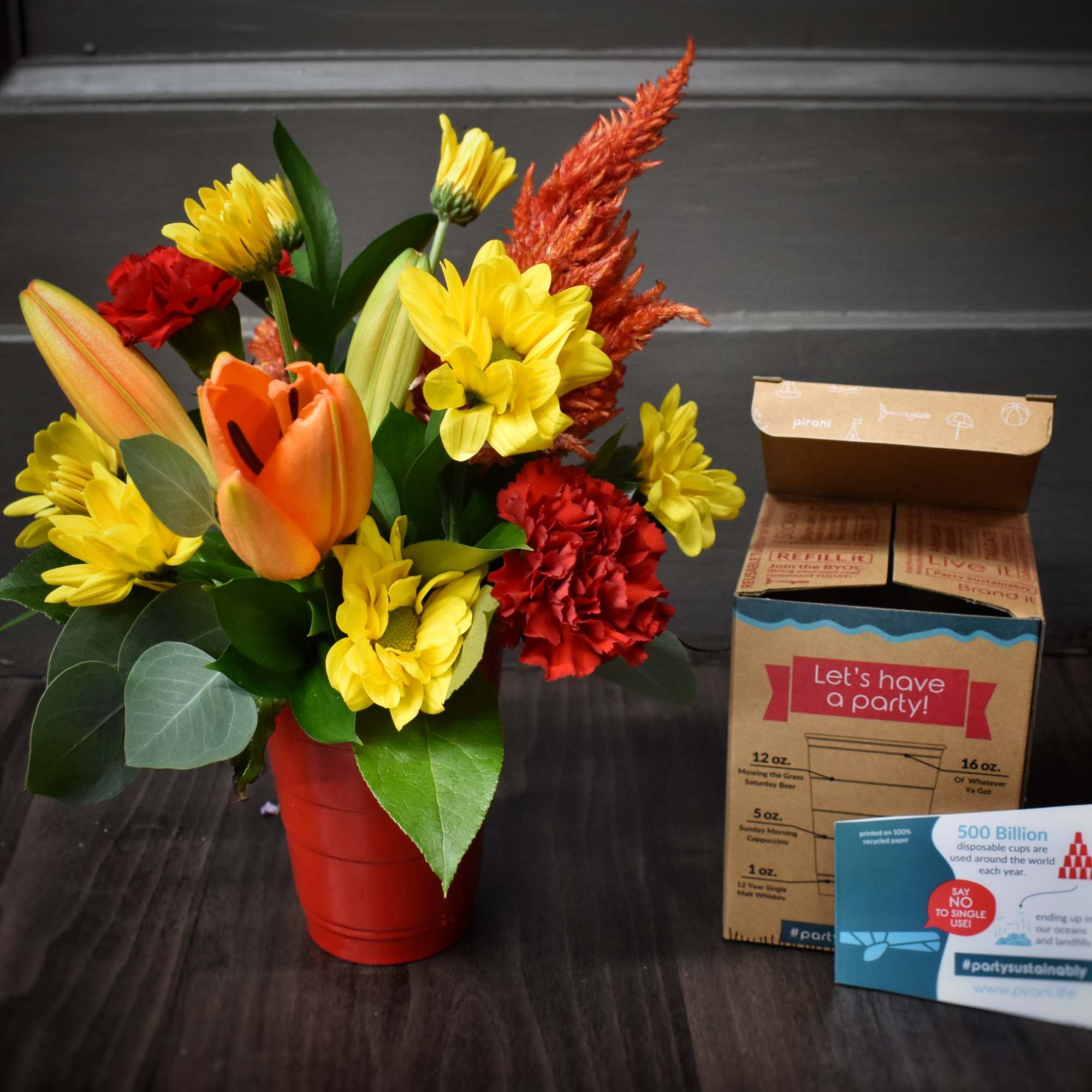 This colorful bouquet of flowers is designed in "keep forever" sustainable party