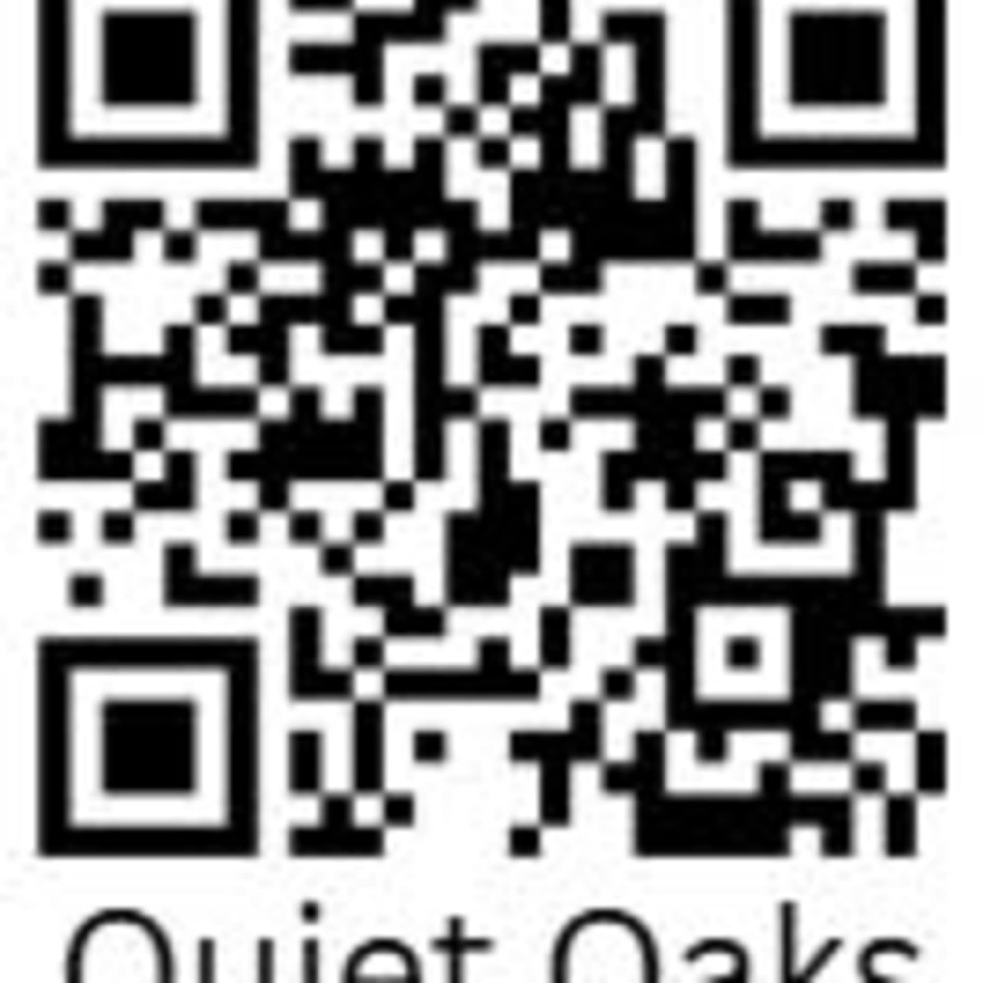 Black-and-white QR code with the text Quiet Oaks below it