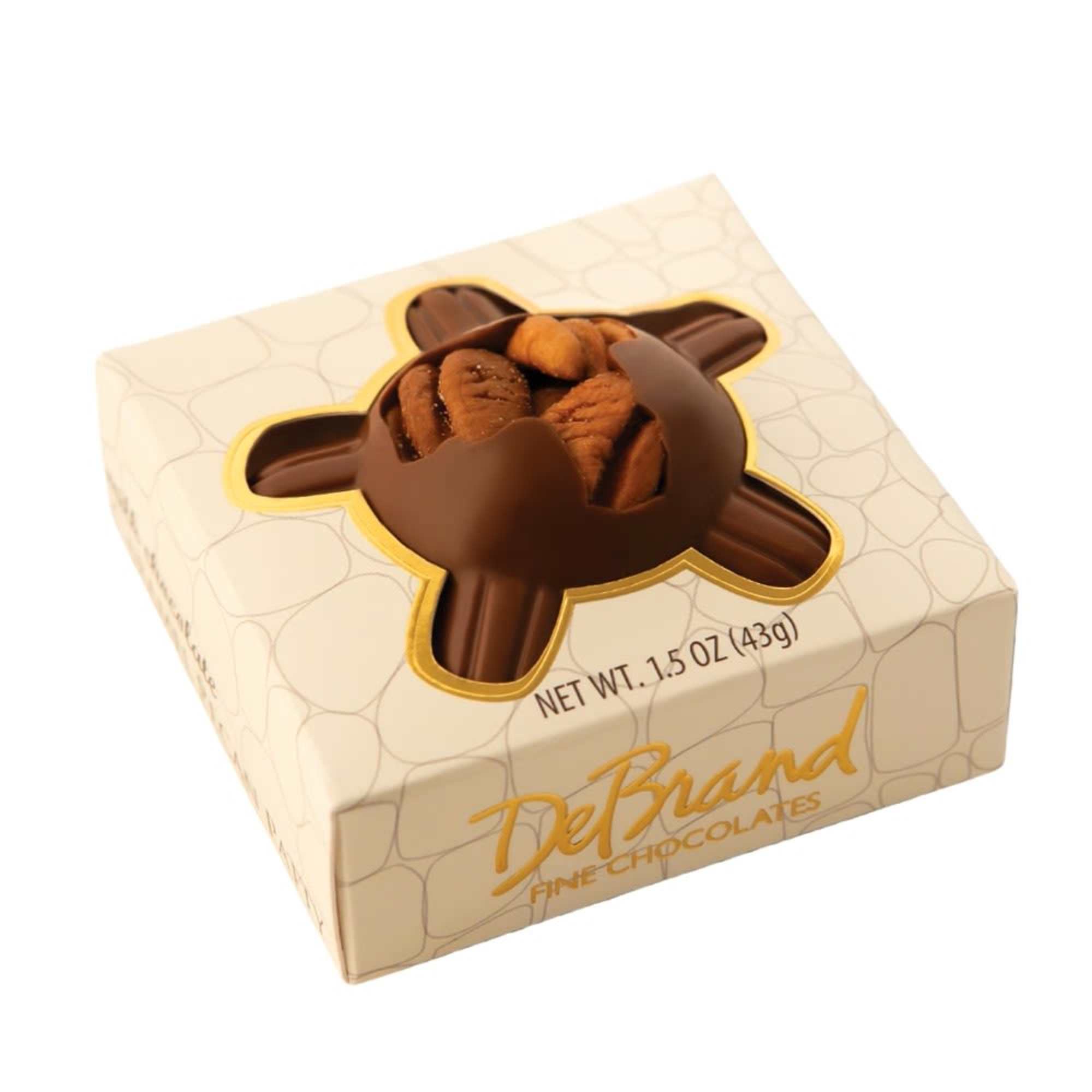 Box of chocolate-covered nuts in cream-colored packaging